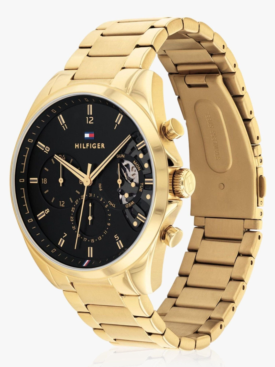 Image of TOMMY HILFIGER NCTH1710447 Tommy Hilfiger Multifunction Black Dial Gold Stainless Steel Strap Analog Watch - For Men