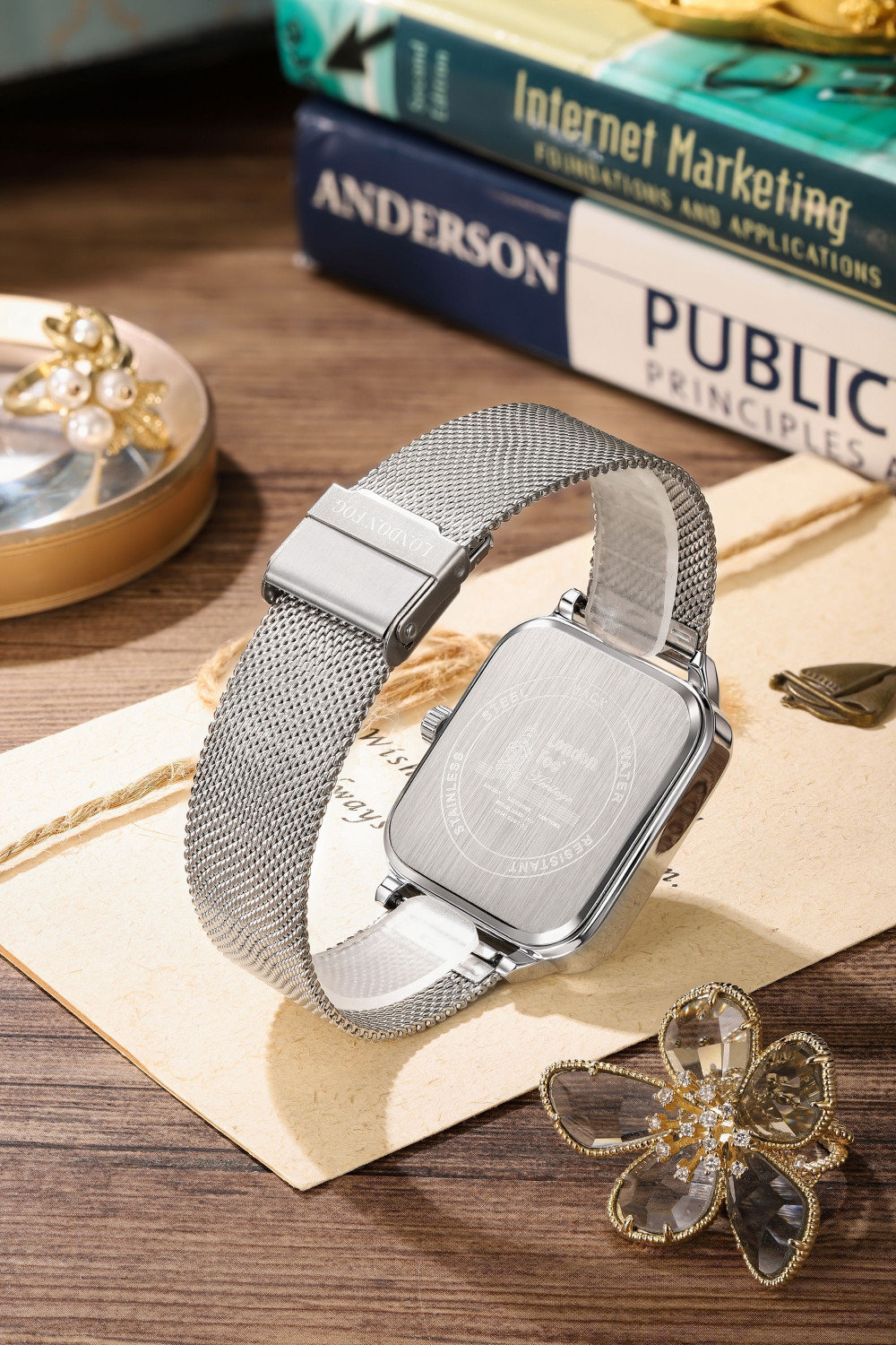 Image of London Fog Silver Dial Silver Stainless Steel Mesh Strap Moon Phase Display Decorative Sub Hampstead Collection Silver Dial Silver Mesh Strap Moon Phase Decorative Sub Analog Watch - For Men