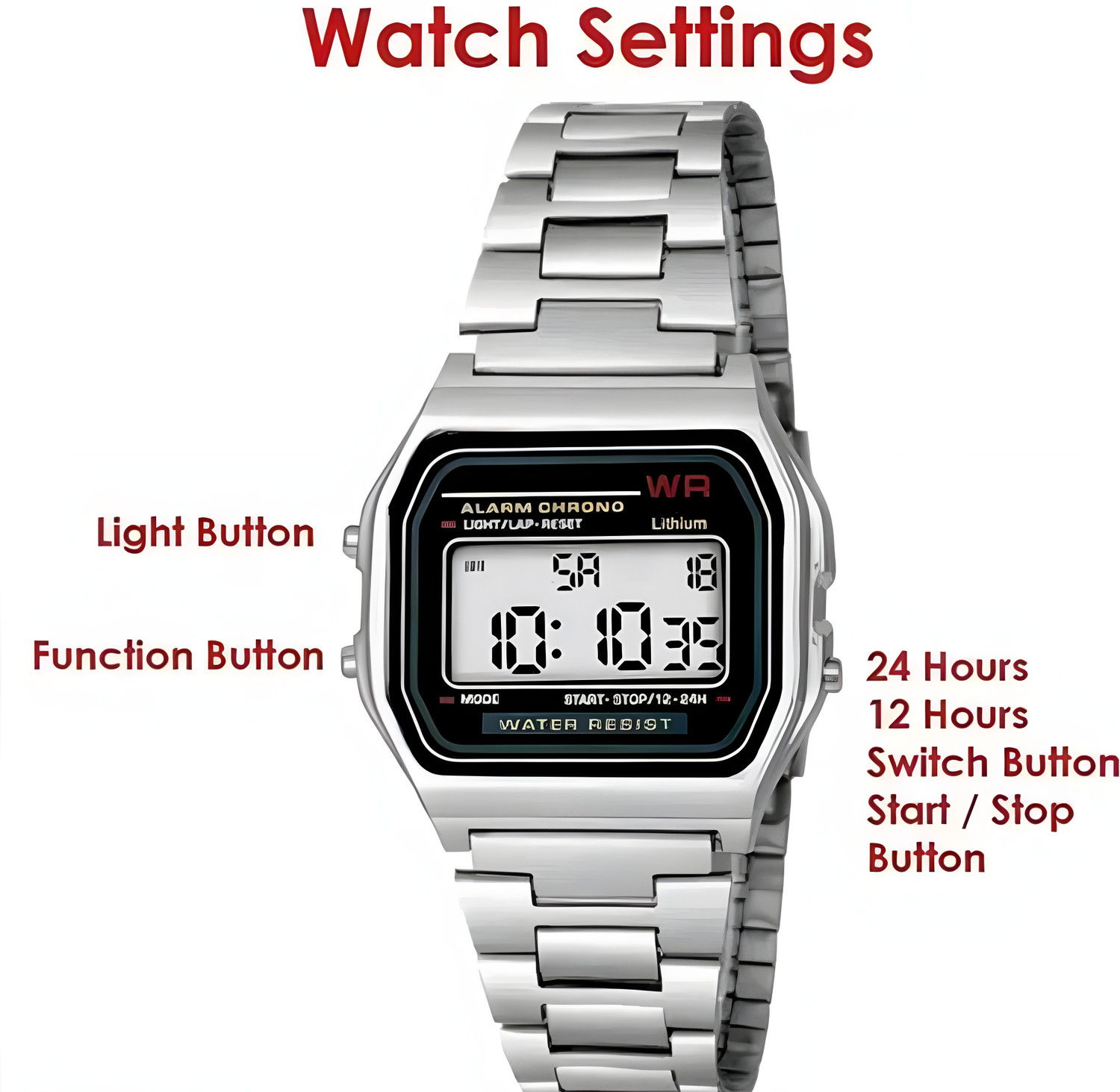 Image of Timofywr silver Digital Watch Waterproof Stainless Strap Stopwatch Alarm Trendy Chain Strap Series Digital Watch - For Men & Women