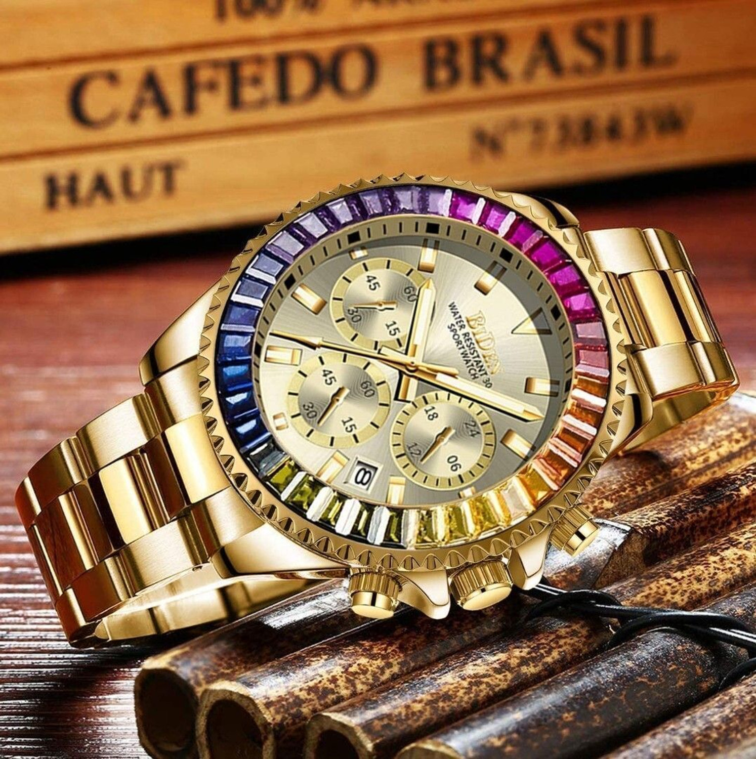 Image of BIDEN Mens Watch Chronograph Luxury Golden wrist Watch Rainbow Case Analog Watch - For Men