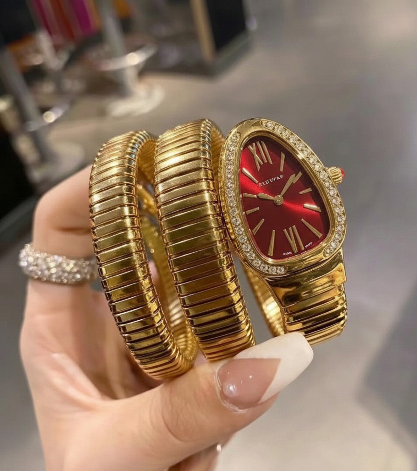 Image of TheHotPickz Snake Coil watch for women | Red Dial with Gold Strap Snake Watch Analog Watch - For Women