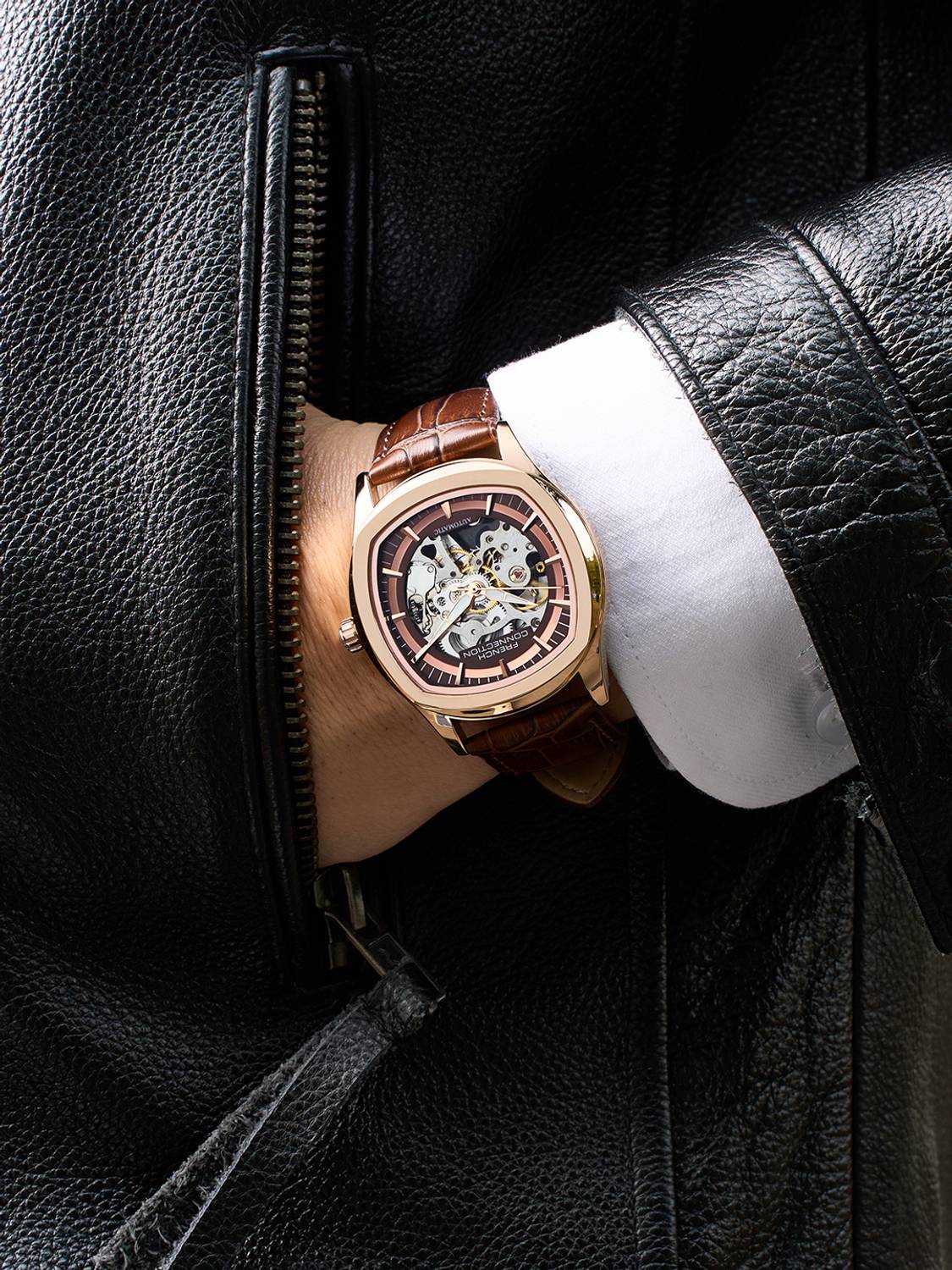 French Connection Brown Skeleton Round Dial Watch - Image 2