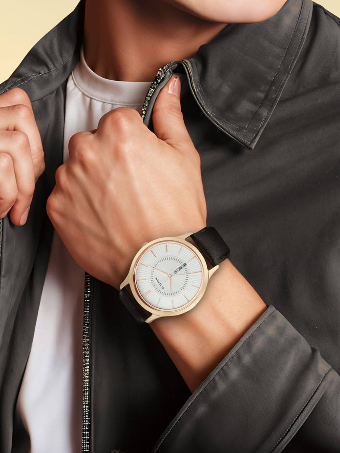 Titan Lagan Day & Date White Dial Brown Leather Strap Watch - Image 2