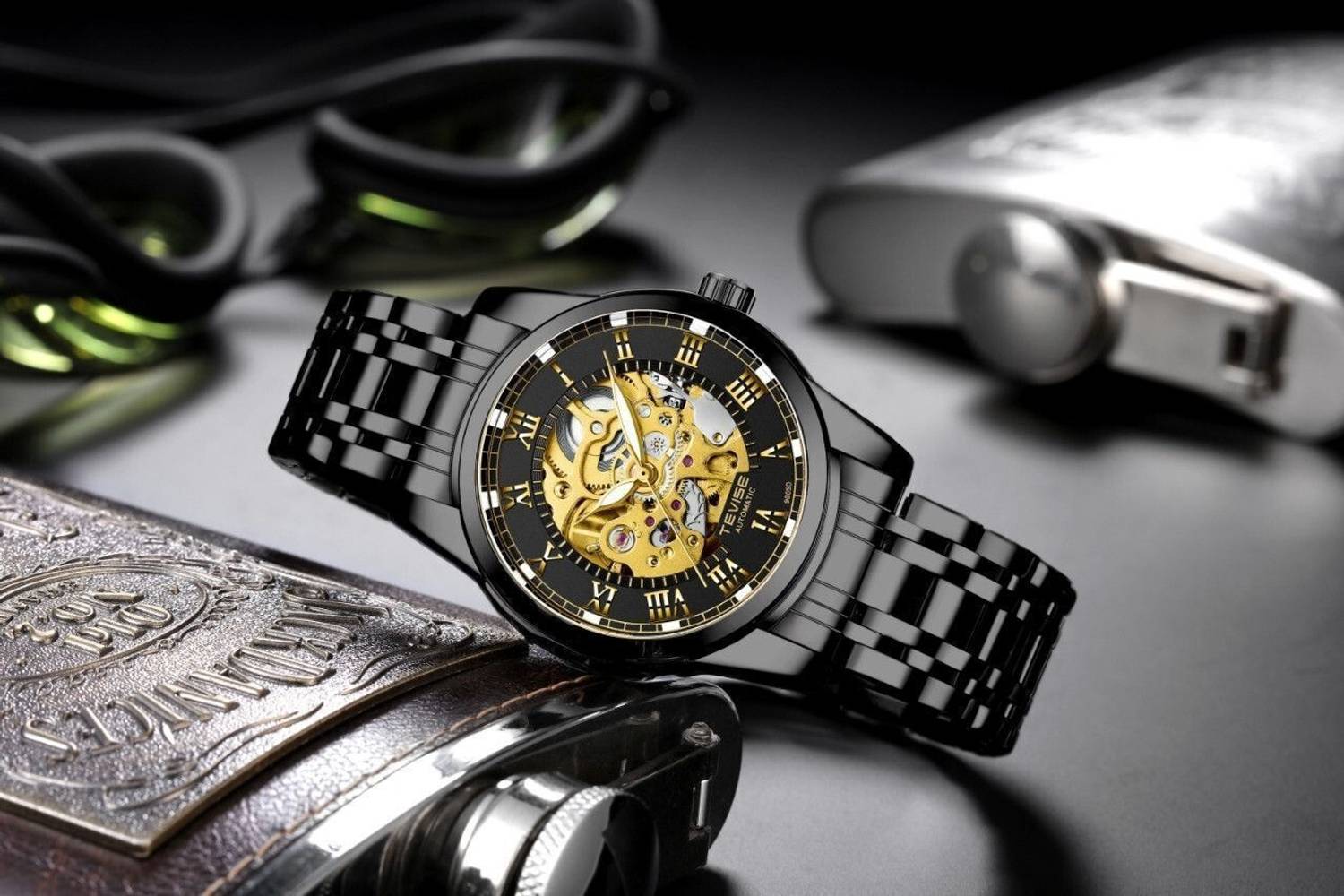 Tevise Mens Automatic Mechanical Skeleton Black Watch - Image 2