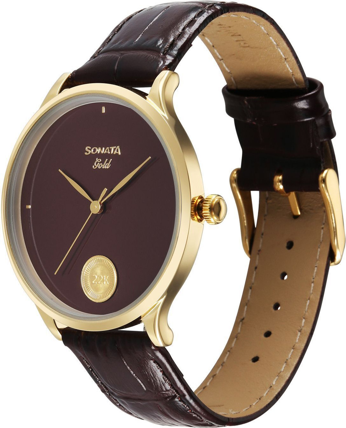 Image of SONATA Sonata - Gold AT 2026 Sonata Gold Regal Maroon Dial With 22 Karat Gold Coin on Dial Analog Watch - For Men