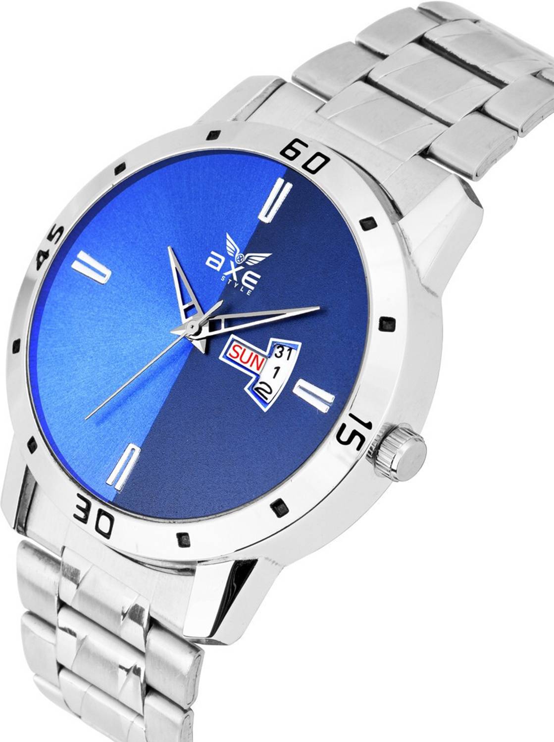 AXE Style XDD-7041 Wrist Branded/Brand Day&Date Blue Steel Chain