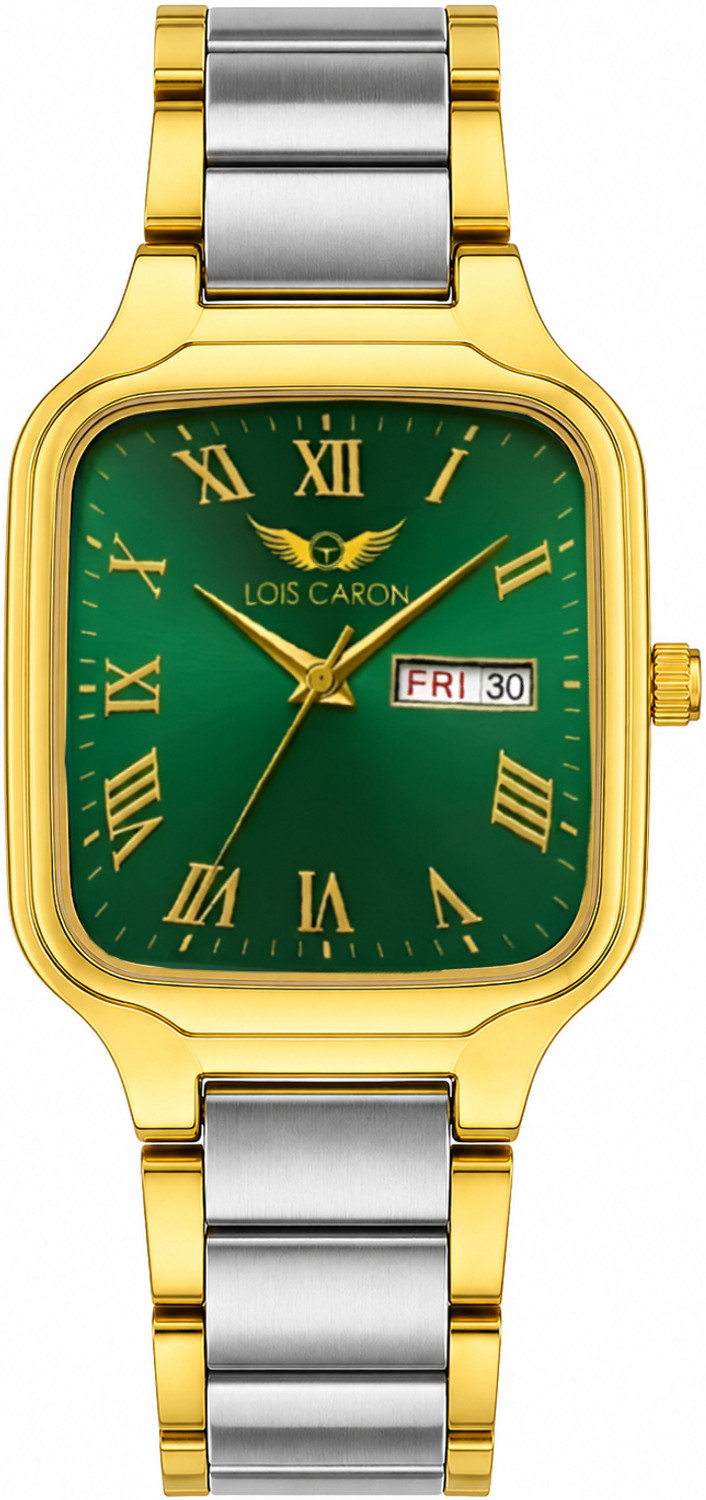 Image of LOIS CARON LCS-8644 Premium Square Day & Date Green roman numbers dial Two tone strap Analog Watch - For Men