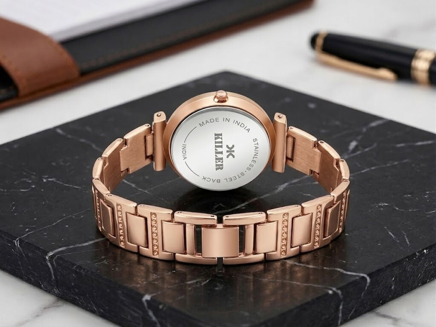 Image of KILLER Killer Rosegold Watch&Bracelet Combo Set KILLER Rose Gold-Toned Stone-Studded Analog Watch with Matching Star Charm Analog Watch - For Women