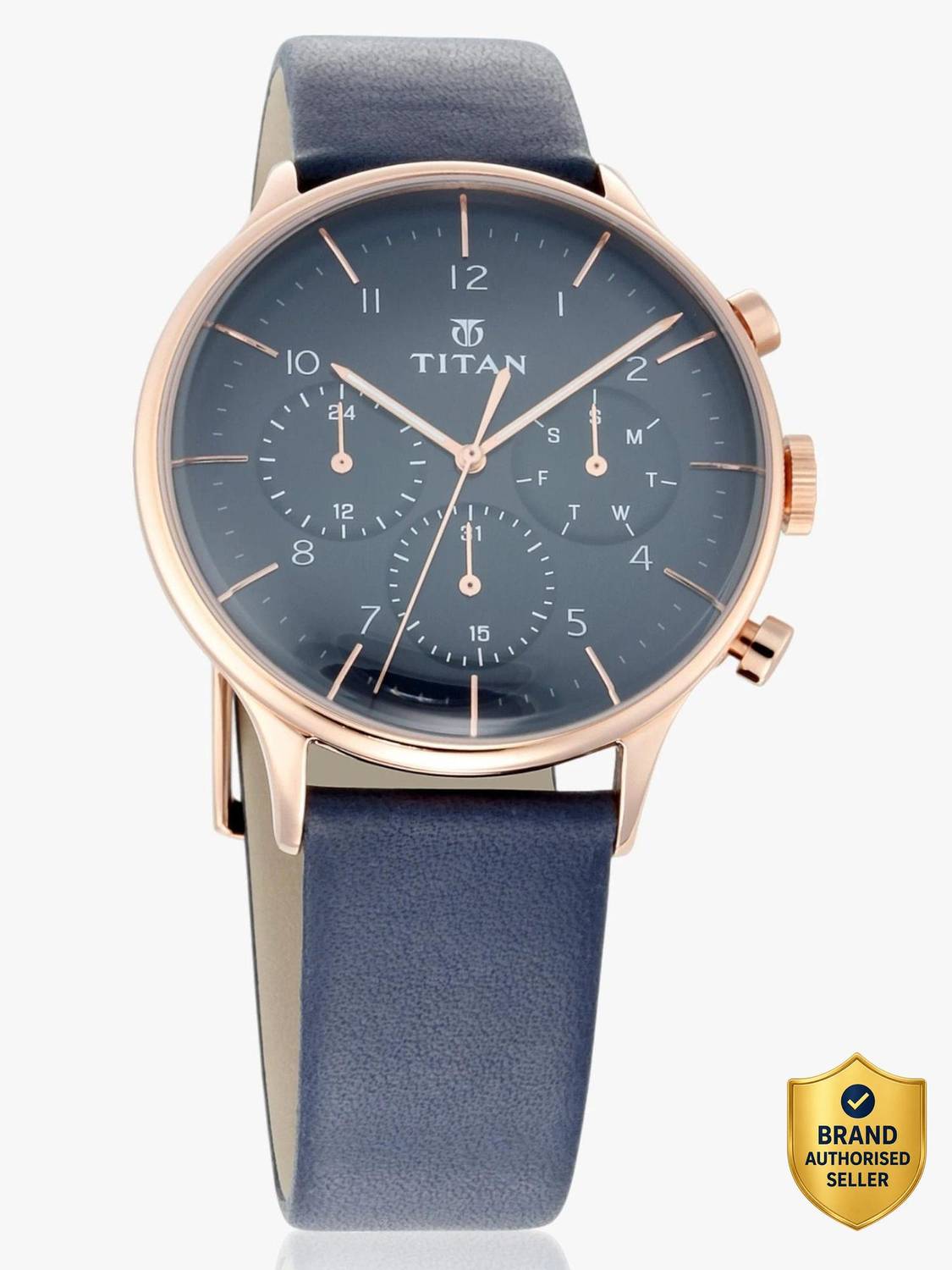 Titan On Trend Multifunction Midnight Blue Dial Leather Strap Watch