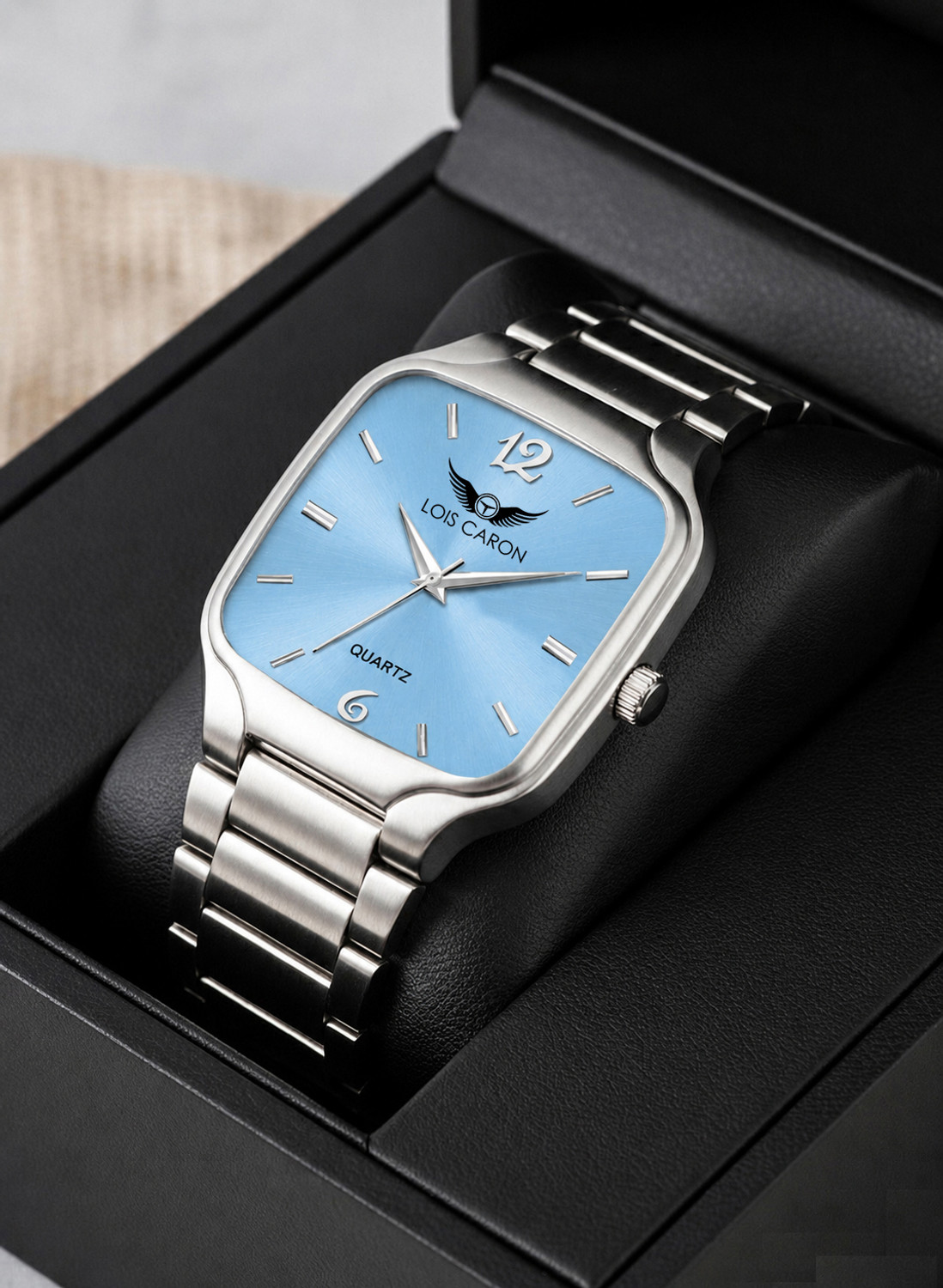 Image of LOIS CARON LCS-4297 (sKY BLUE) Men's Premium Square Ice Blue Sunray Dial | Silver Stainless Steel Strap Analog Watch - For Men