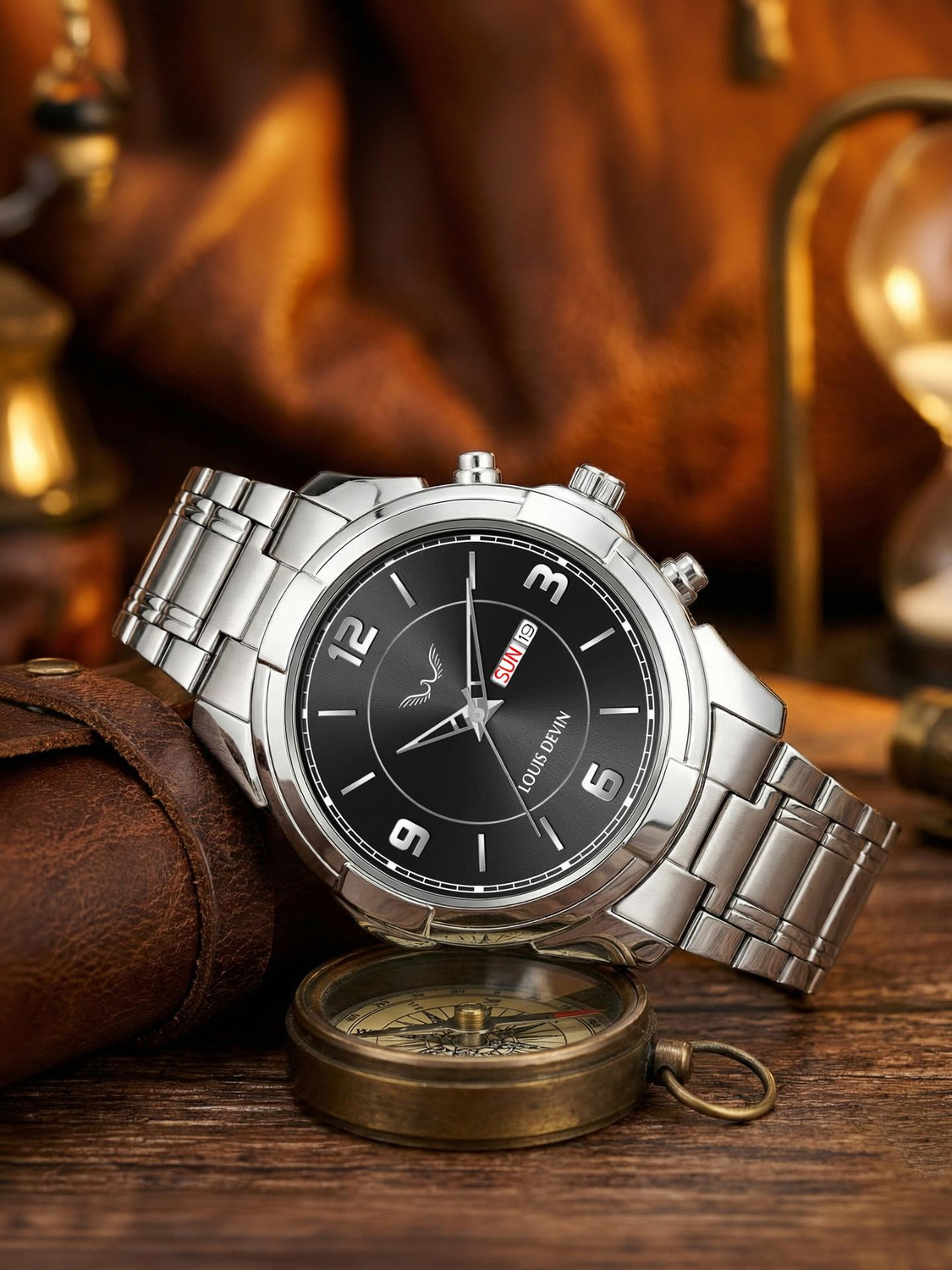 Image of LOUIS DEVIN Stainless Steel Chain Day-Date Display Analog Watch - For Men LD-GR430-BLK-CH