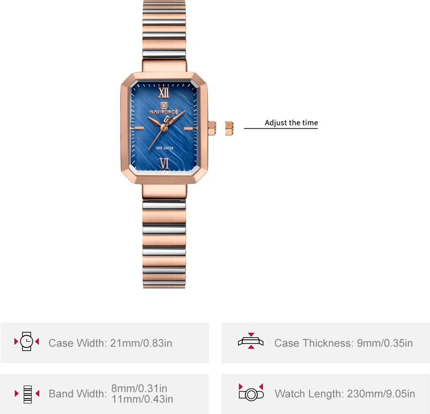 Image of NAVIFORCE NF5050 Blue Marble Texture Rectangle Dial With Silver-Rosegold Stainless Steel Strap Analog Watch - For Women