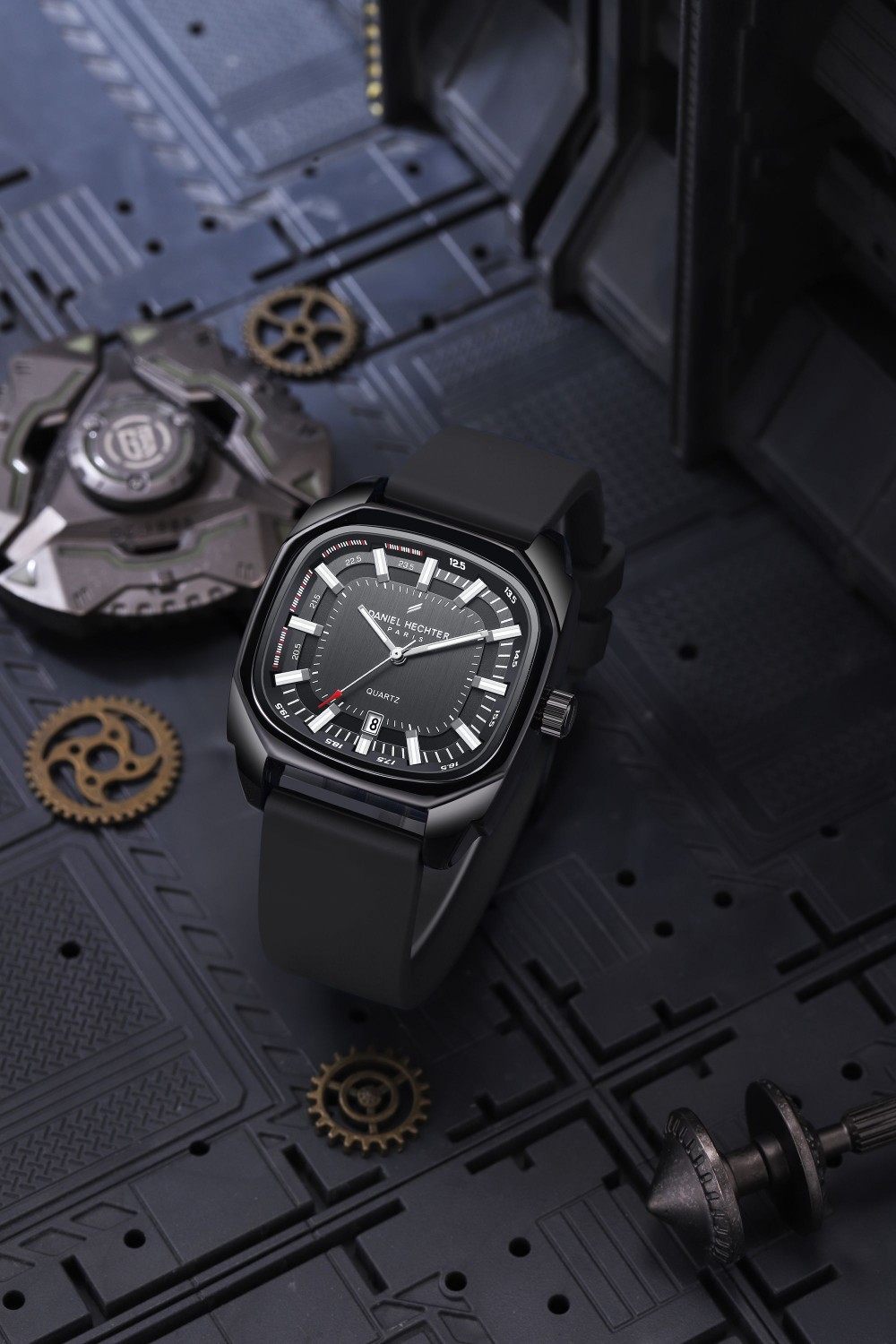 DANIEL HECHTER Model DHW2023 Paris Marie Collection Square Dial Date Display Quartz Movement Silicone Strap Analog Watch - For Men