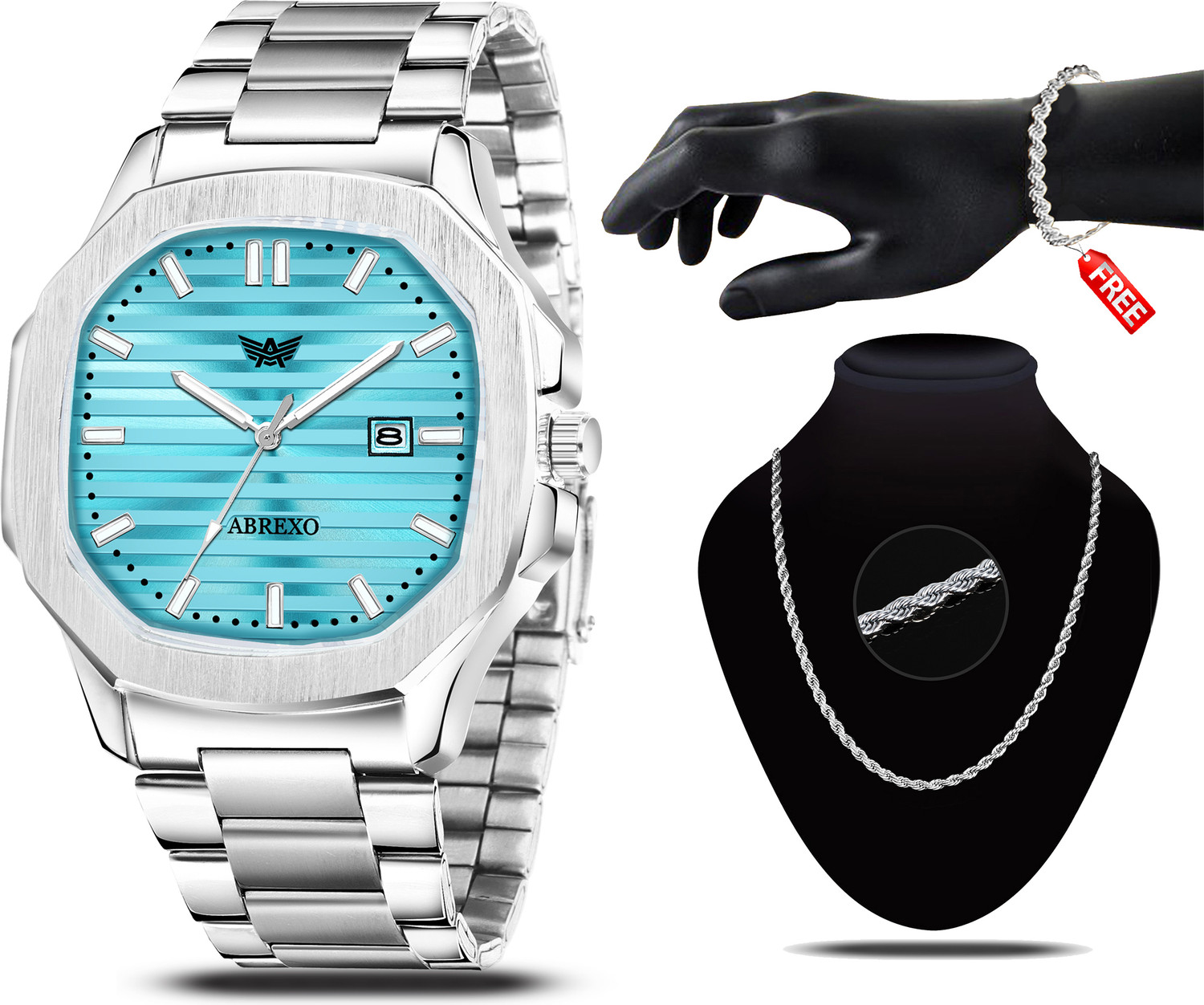 Image of ABREXO Abx7000- Silver + C2 Silver Chain & Bracelet Skyblue Dial Date Working Watch With Designer Chain & Bracelet Combo for Boys Analog Watch - For Men
