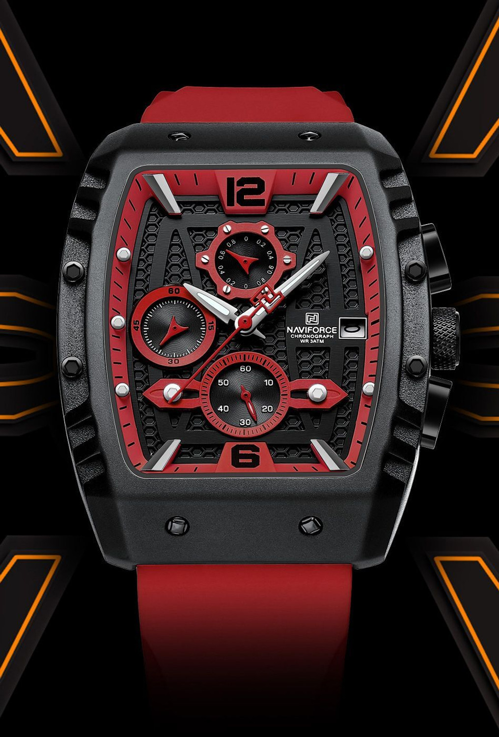 Image of NAVIFORC NF8025 Sleek Red And Black Chronograph Dial With Soft Stylish Silicon Strap Analog Watch - For Men