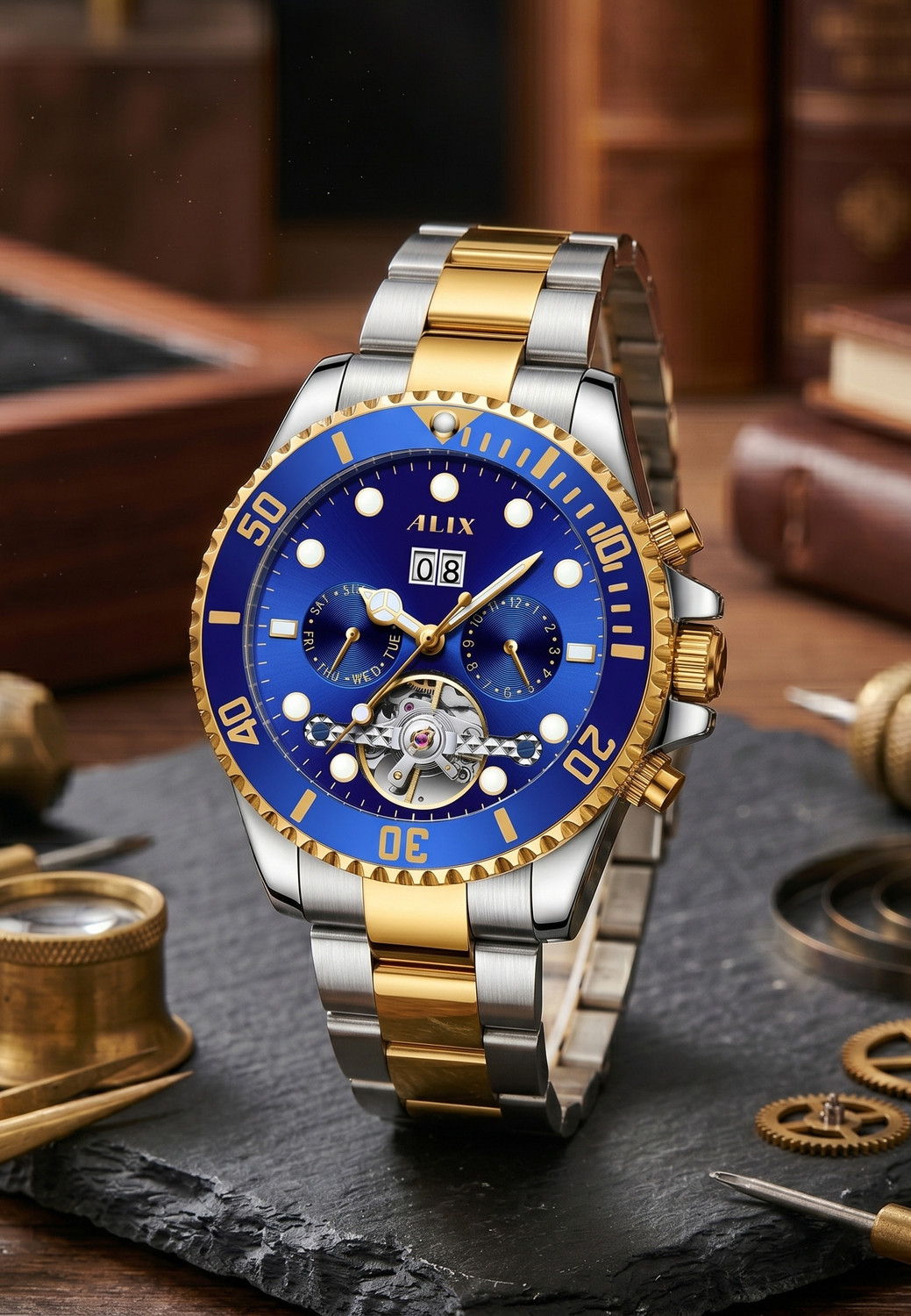 Image of Alix AL2907 automatic flying wheel tourbillon with date day working silver Blue professional Analog Watch - For Men