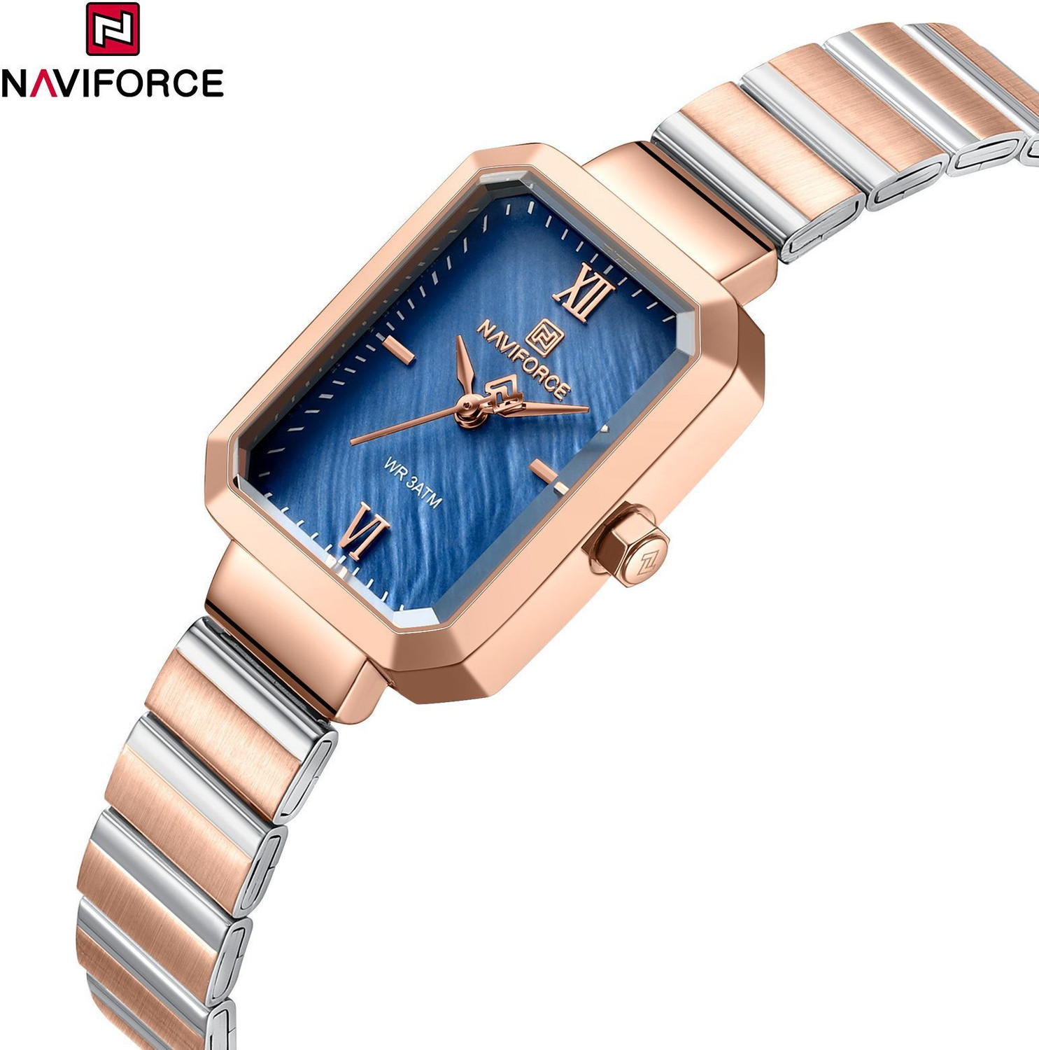 Image of NAVIFORCE NF5050 Blue Marble Texture Rectangle Dial With Silver-Rosegold Stainless Steel Strap Analog Watch - For Women