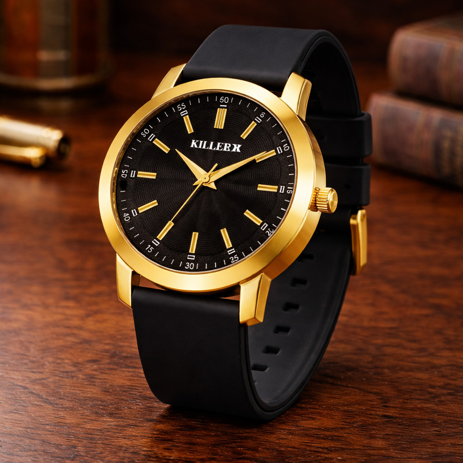 Image of KILLER Timeless Gold Elegance with Bold Black Dial & Premium Silicone Strap Analog Watch - For Men KLR-GR008-BLK-BLK