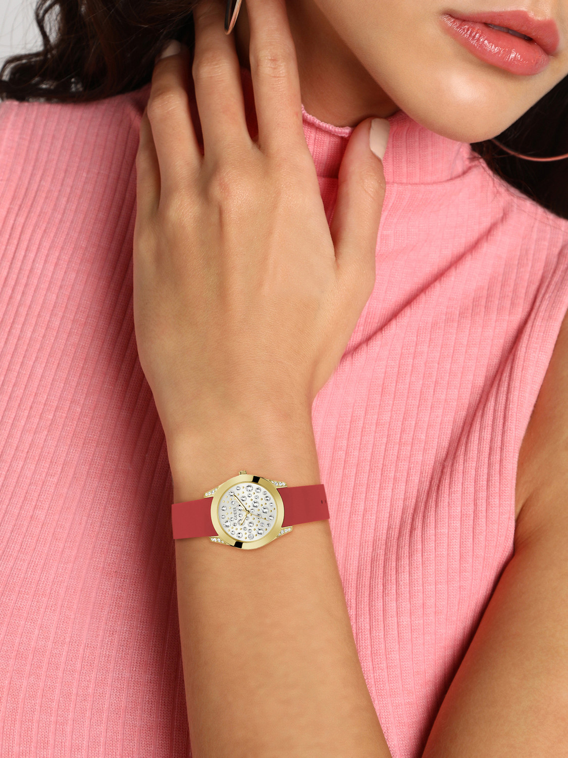 Image of GUESS White Dial With Clear Stones Analog Watch - For Women