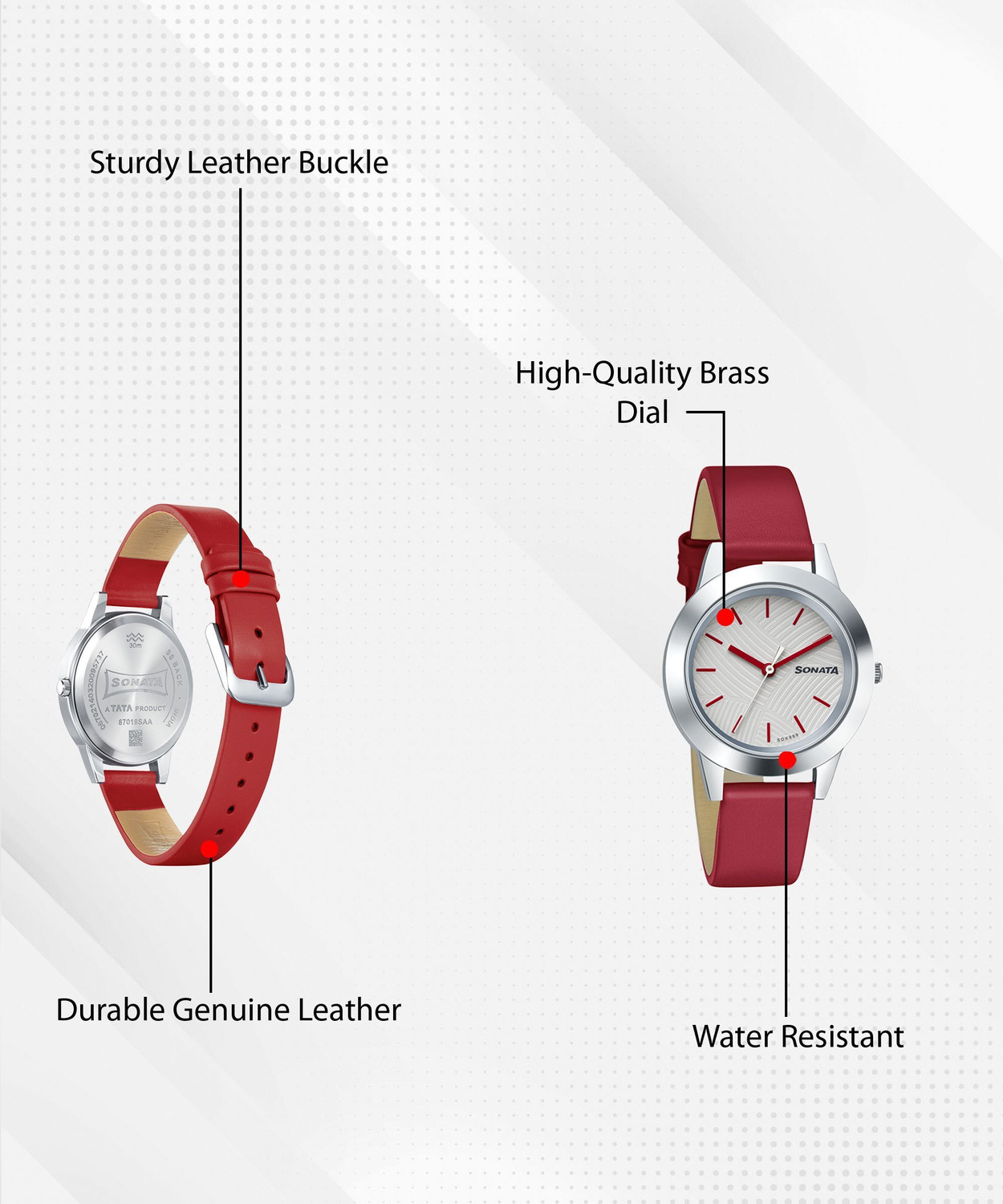 Image of SONATA NP87019SL12 Sonata Splash White Dial Red Leather Strap Analog Watch - For Women