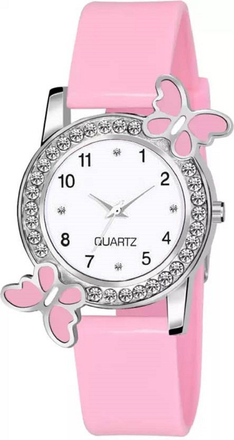 Image of BRAIN Vintage NEW PINK COMBO BRACELET WITH ONEDIMOND BUTTERFLY Analog Watch - For Girls