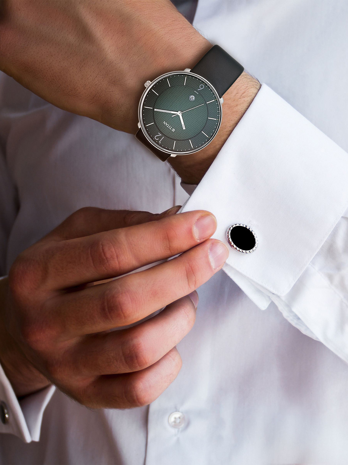 Image of Titan Minimals With Date Green Dial Black LeatherStrap Analog Watch - For Men TH1710490, NS1849SL02|1849SL02|NS1849SL02