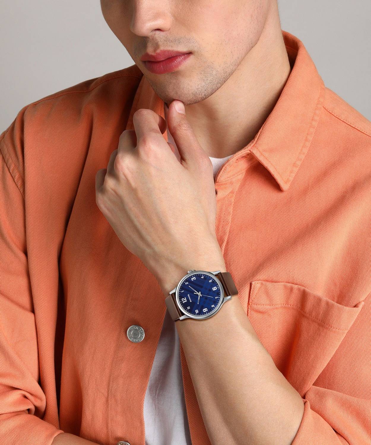 Sonata NP77105SL03W Smart Plaid Blue Dial Brown Leather Strap Analog - Image 5