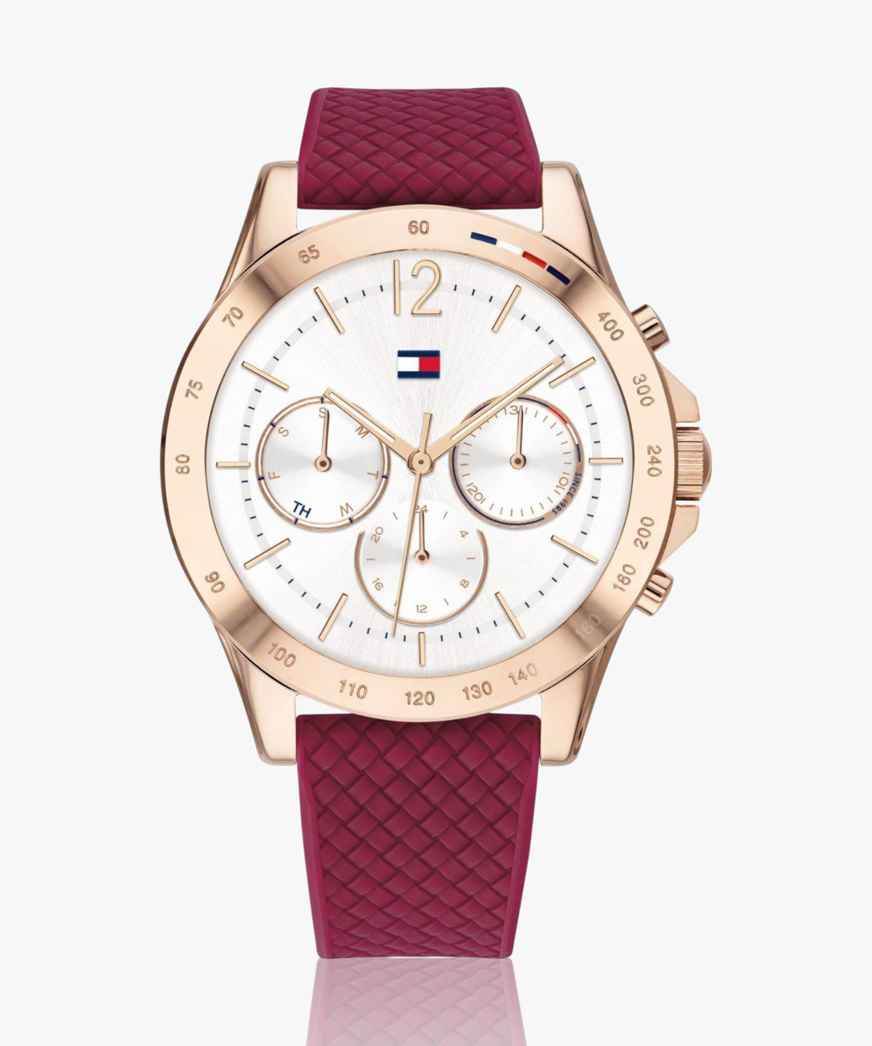 Image of TOMMY HILFIGER NCTH1782200 Tommy Hilfiger Multifunction Silver Dial Crimson Silicone Strap Analog Watch - For Men
