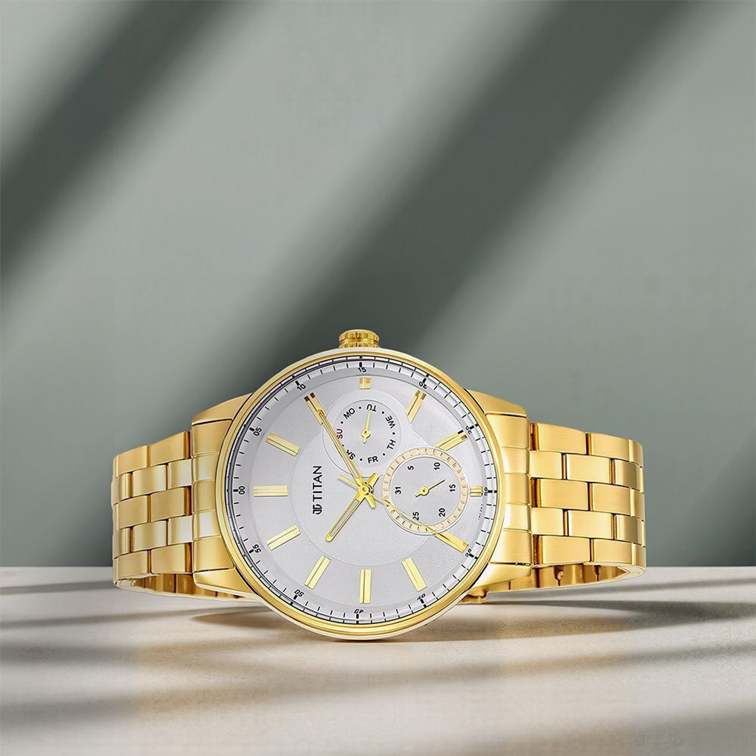 Image of Titan NP9441YM01 Titan Regalia Opulent Multifunction White Dial Gold SS Strap Analog Watch - For Men