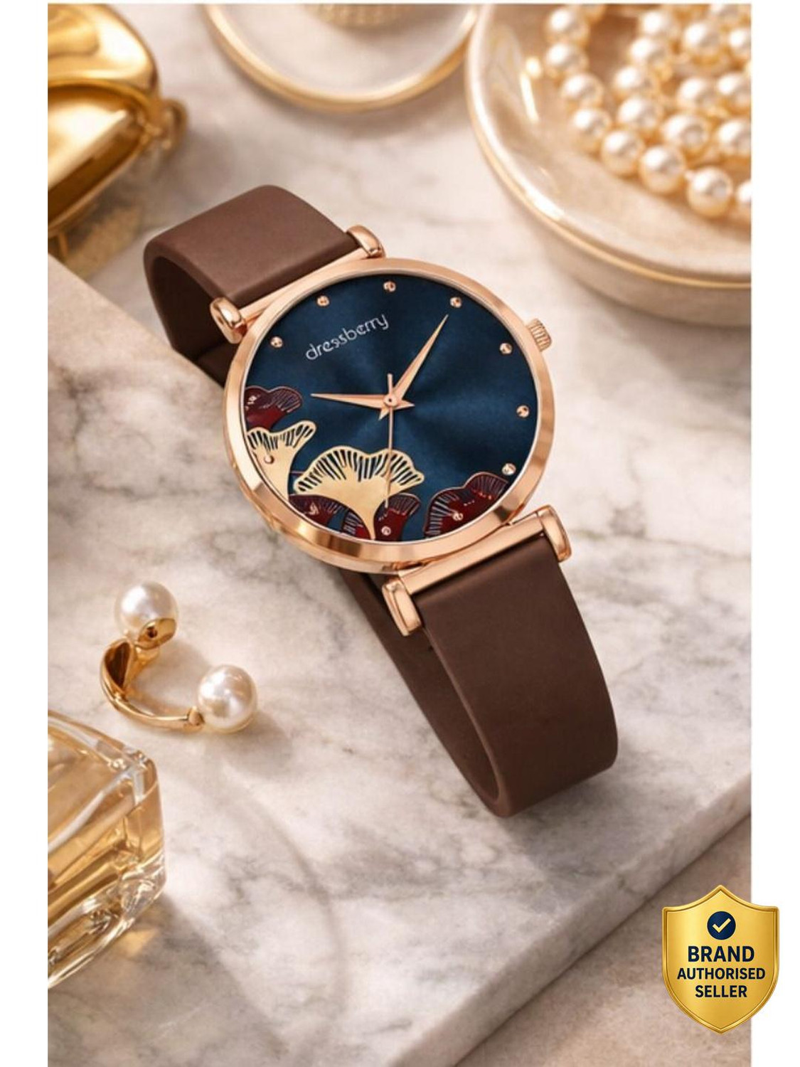 Image of Dressberry Elegant Rose Gold Women's Watch with Artistic Blue Dial & Brown Silicone Strap ✨ Analog Watch - For Women DB-LR028-BLU-RG