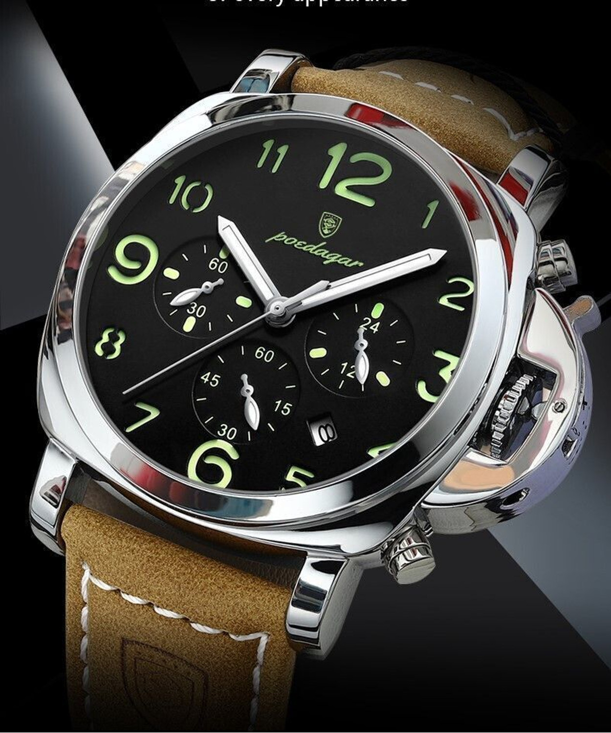 Image of OVERFLY POEDAGAR Mens Watch Analog Chronograph Luxury Brown Strap Wrist Watch For Men Analog Watch - For Men
