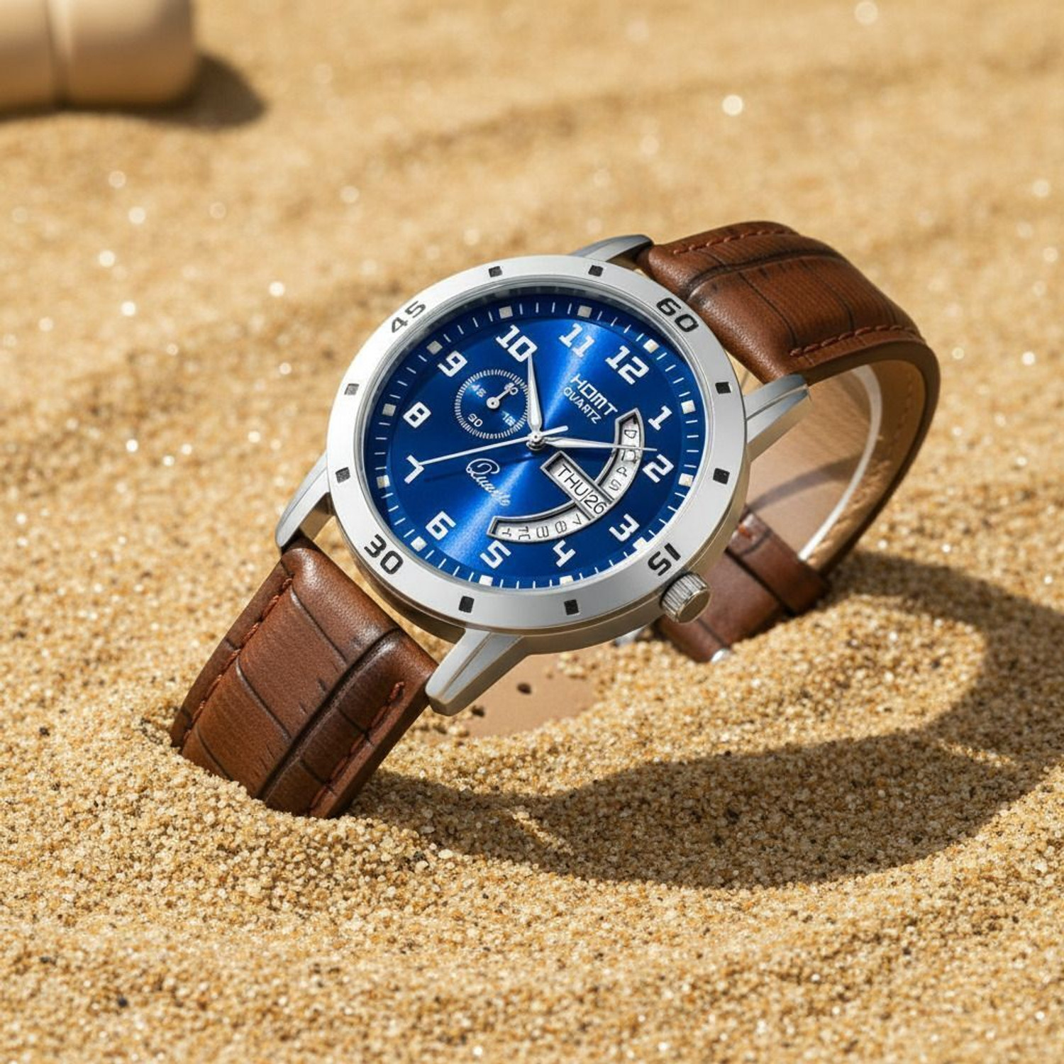 Image of homt HOMT Working Day-Date leather belt Smart Analog watch for men (boys) Premium Work Wear blue dial brown Leather Smart Analog Watch - For Men