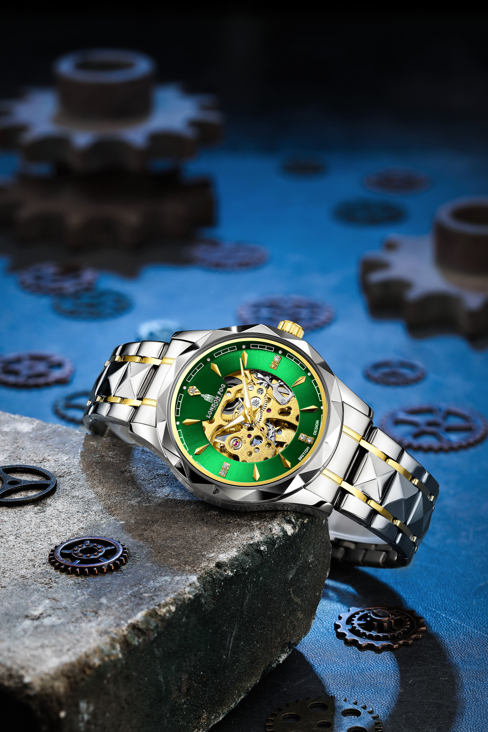 Image of London Fog Berkeley Collection Automatic Mechanical Skeleton Two-Tone Silver & Gold Strap Analog Watch - For Men LFM10025-33
