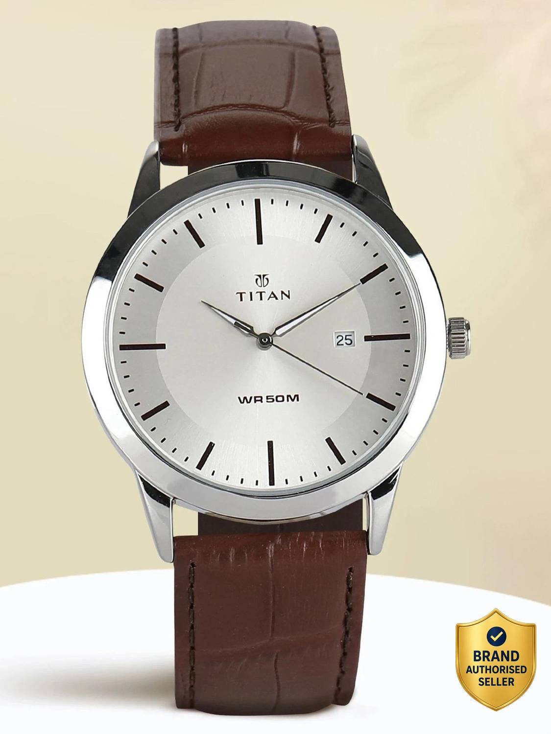 Titan NT1584SL03 Men's Analog Watch - Silver Dial, Brown Leather Strap