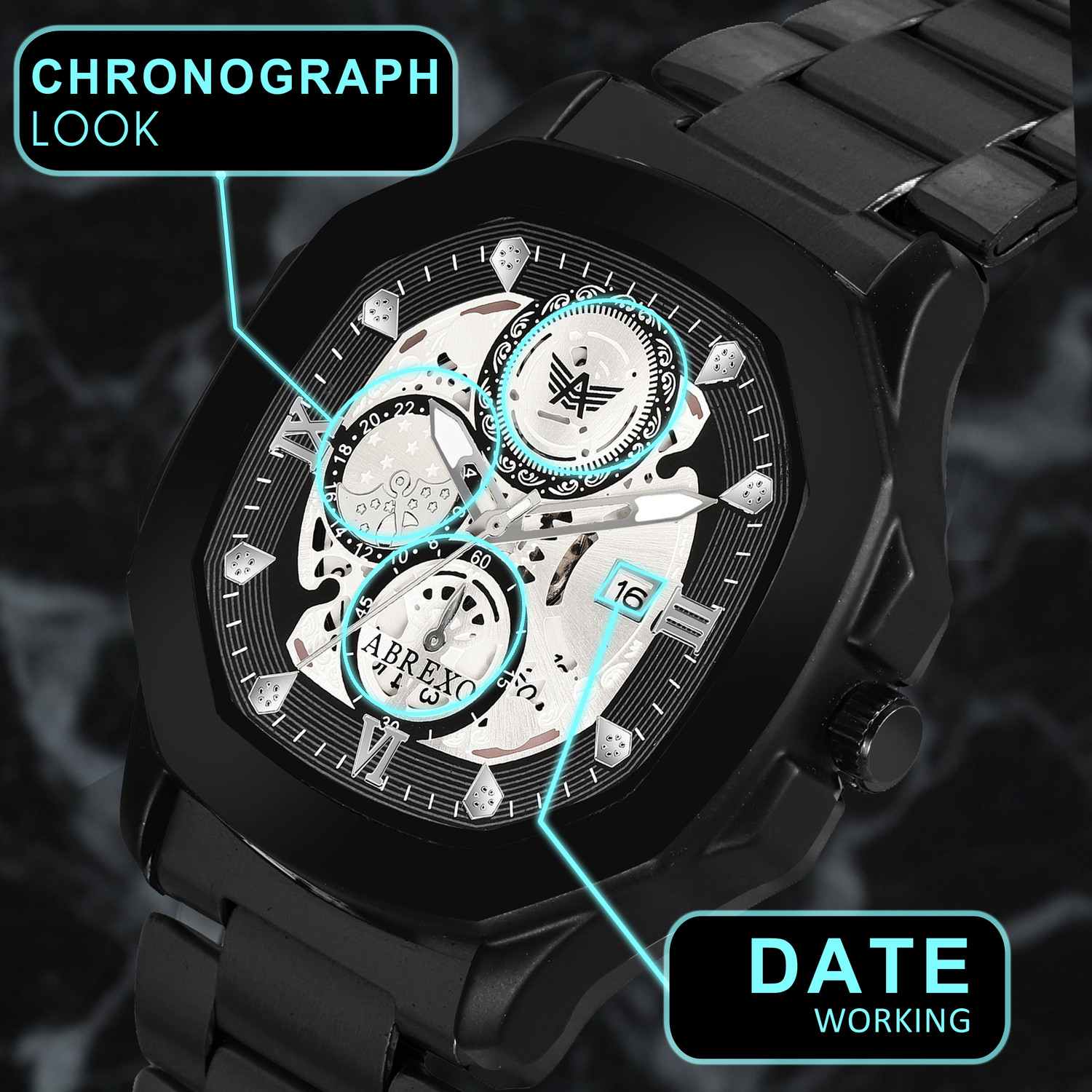 Image of ABREXO Abx8313-Black Bracelet GODFATHER Square Chrono Look Black Dial Date Working Stainless Strap For Boys Analog Watch - For Men