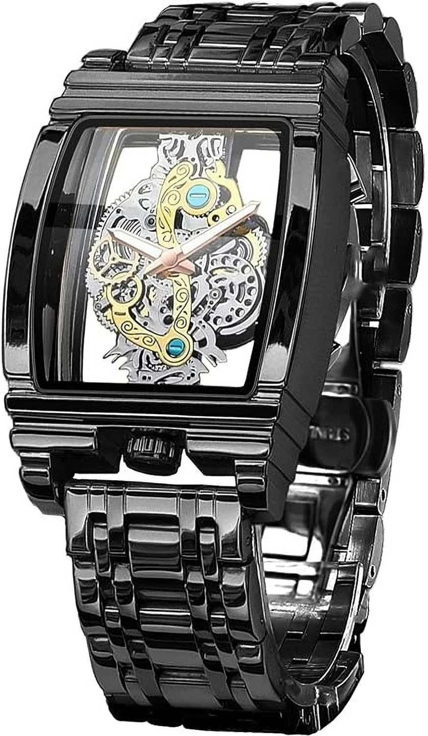Image of glowgreen MSG2880 Rectangle Tonneau Large Dial Stainless Steel Band Quartz Wristwatch Analog Watch - For Men