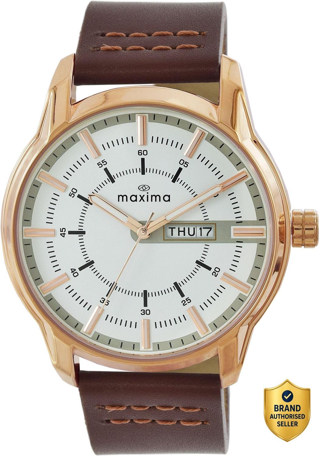 Image of MAXIMA Attivo White Rose Gold Dial, Day-Date,Water Resistant-3ATM, Brown Leather Strap Analog Watch - For Men O-68613LMGR