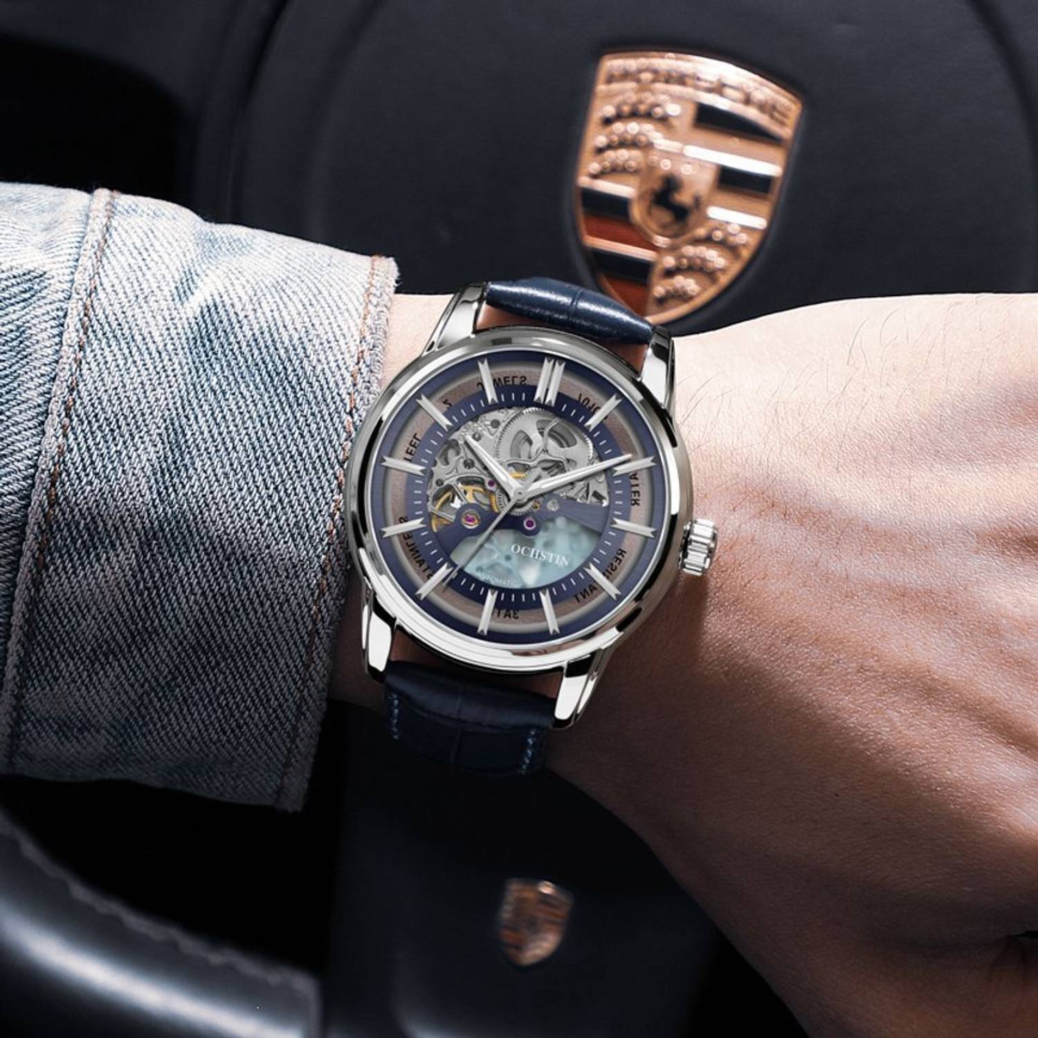 Ochstin Men's Blue Dial Automatic Mechanical Skeleton Watch - Image 3