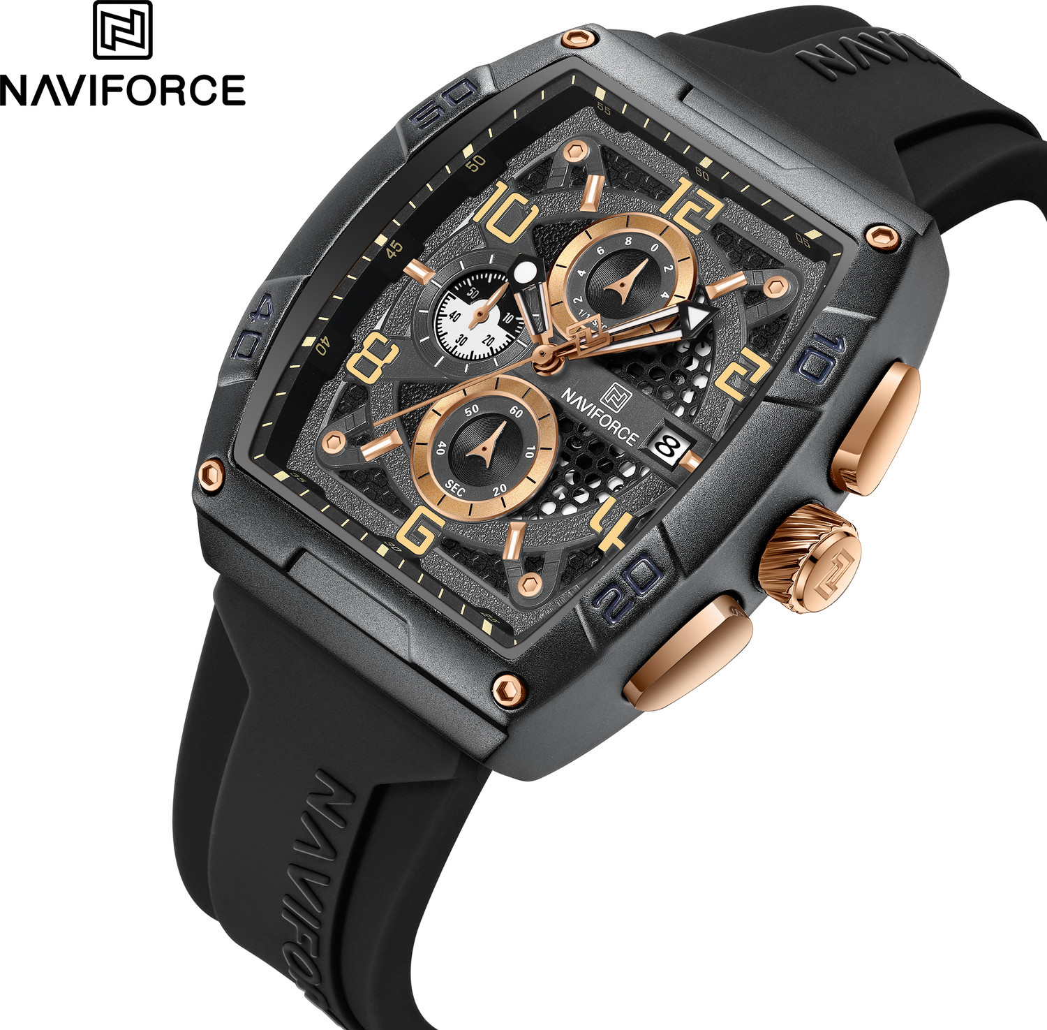 Image of NAVIFORCE 8052 Rosegold & Black Luminous Hollow Dial with three chrongraph function Analog Watch - For Men