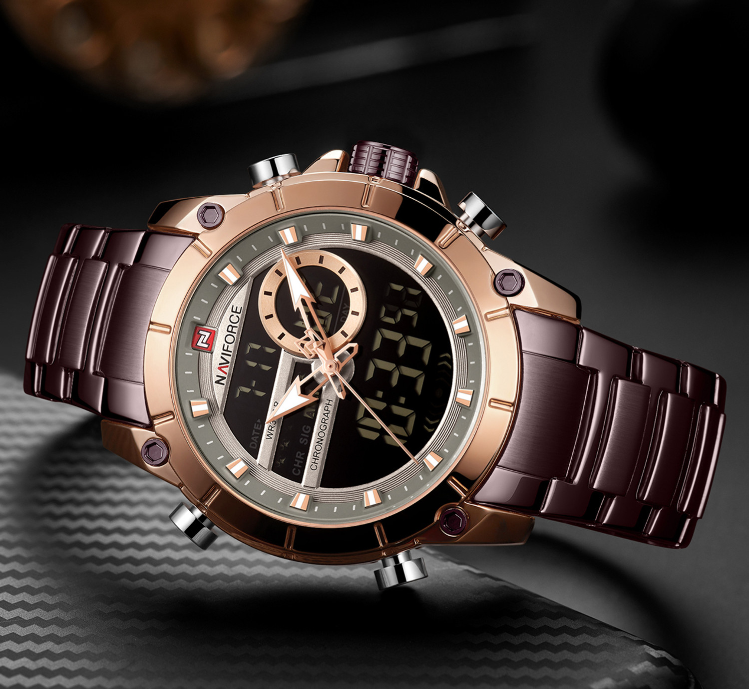 Image of NAVIFORCE 9163 brown violet digital and analog supper class multifunctional long lasting color Analog-Digital Watch - For Men