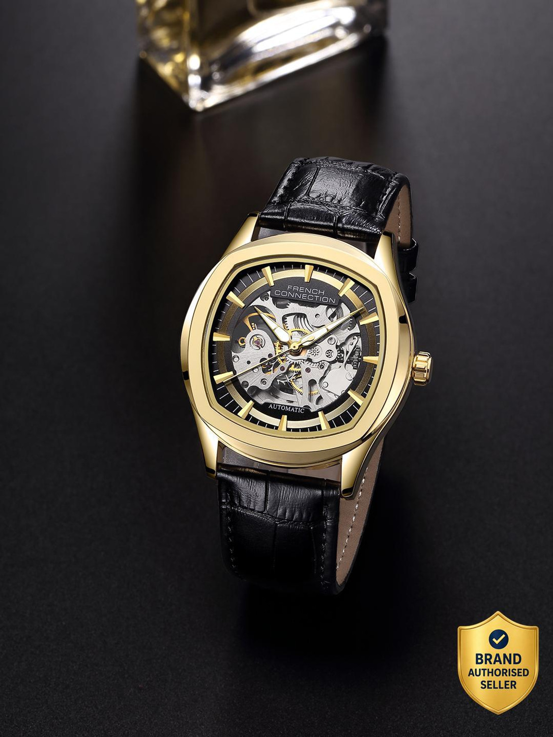 Image of French Connection Black Skeleton Round Dial | Black Leather Automatic Watch for Men Analog Watch - For Men