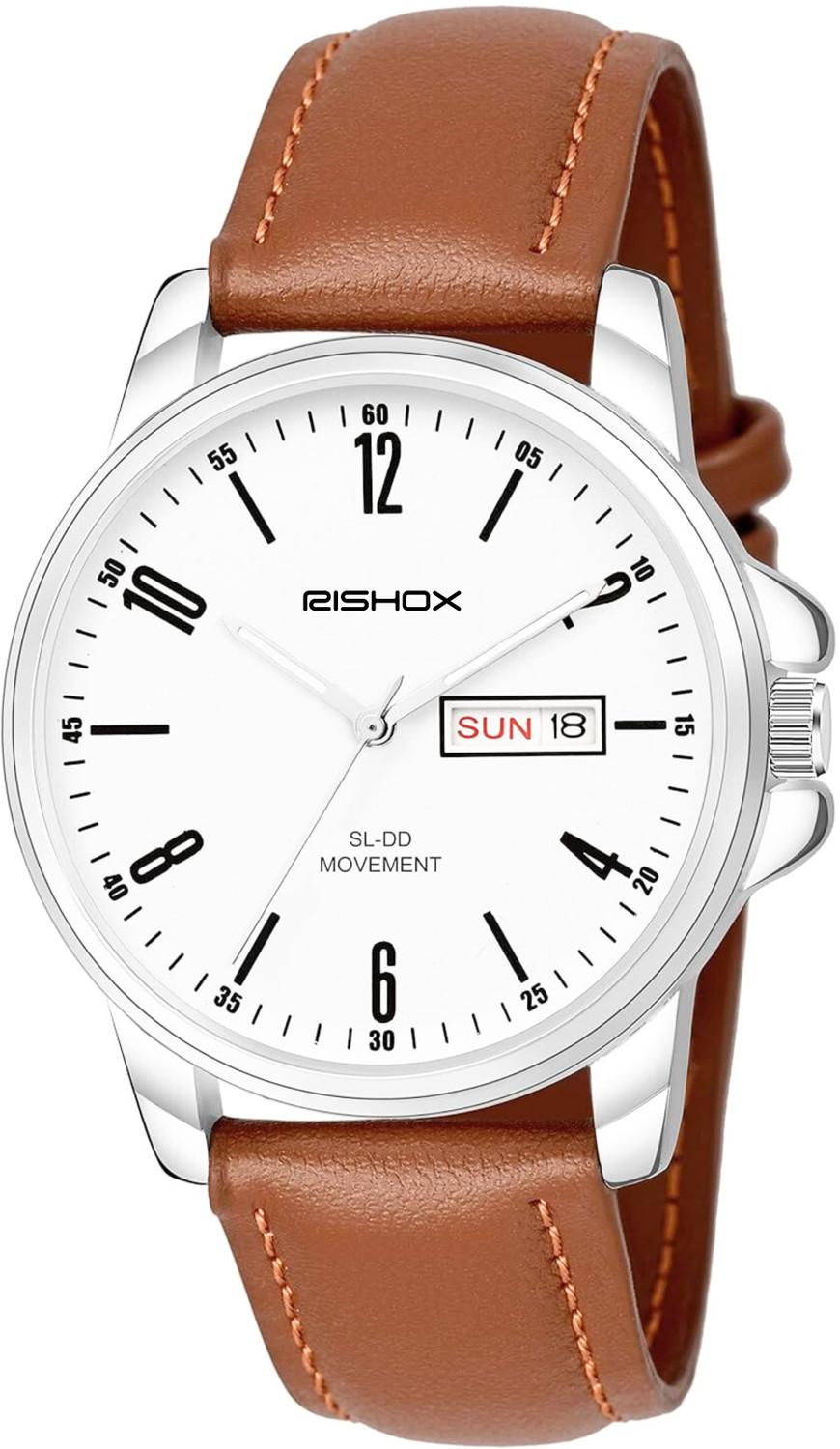 Image of Rishox New Track Number Dial, Day & Date, Brown Leather Strap Analog Watch Analog Watch - For Men RX-100RXG