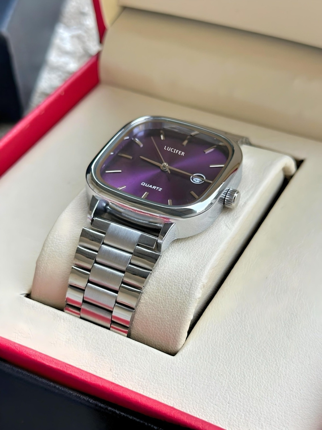 Image of Lucifer AVM31 PURPLE unisex watch Stainless Steel Analog Square Dial Date Display Unisex Premium Wrist Formal Analog Watch - For Men & Women