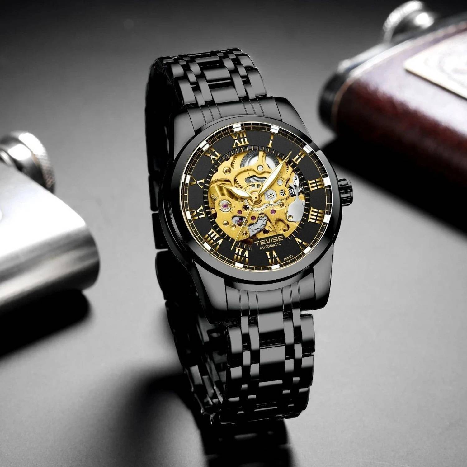 Tevise Mens Automatic Mechanical Skeleton Black Watch