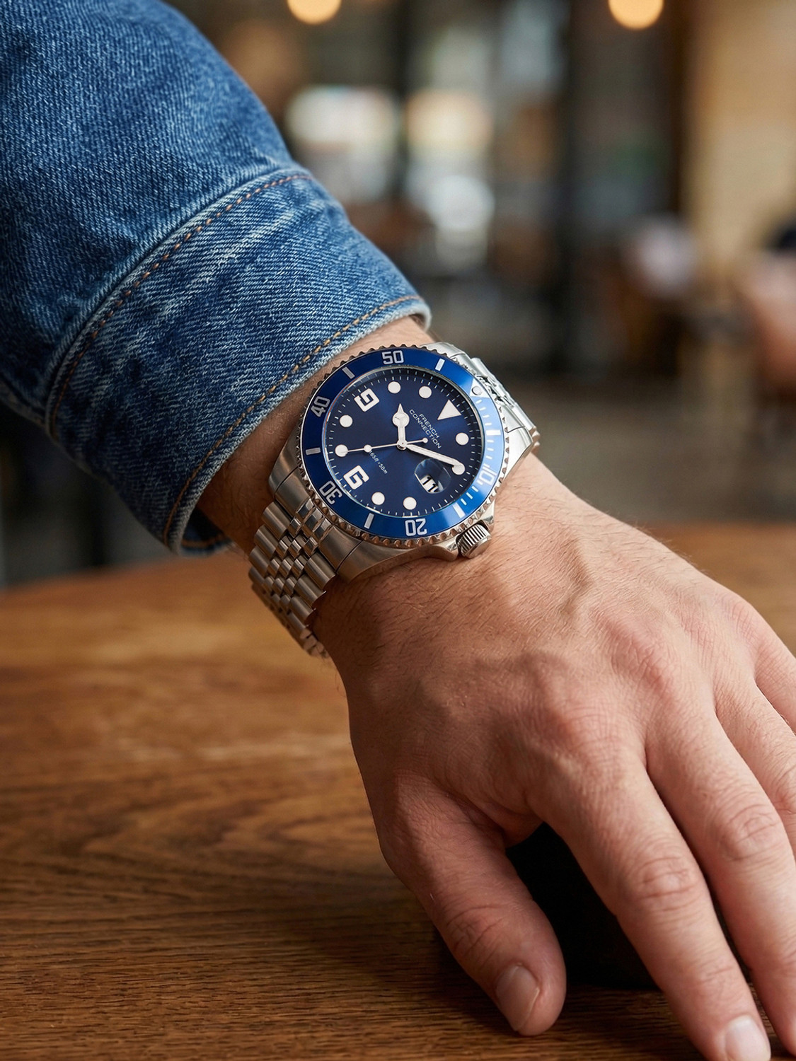 Image of French Connection STEELORA Blue Dated Sunray Round Dial | Silver Stainless Steel Analog Watch for Men Analog Watch - For Men