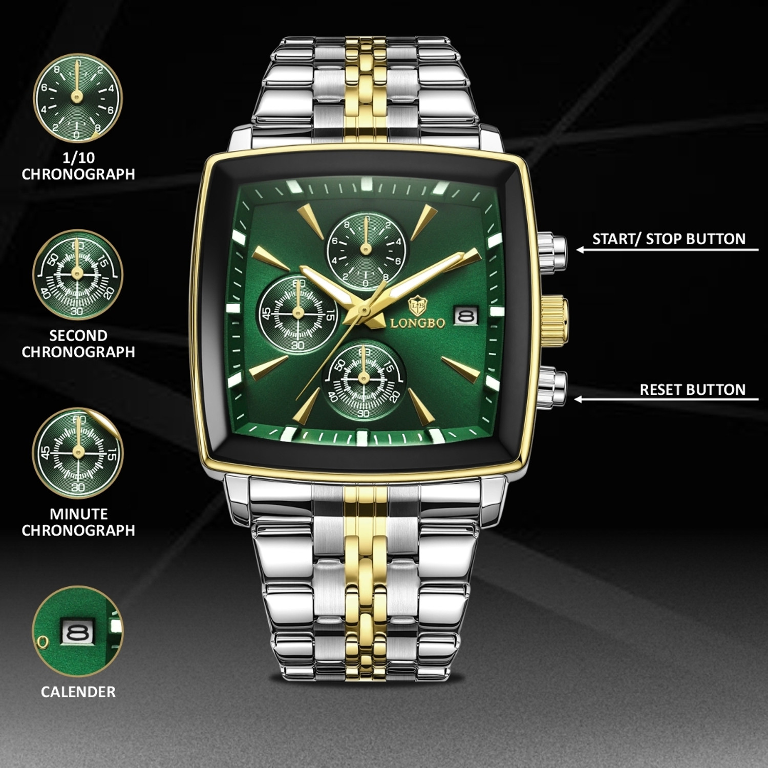 Image of Longbo Men's watch, Analog watch, Black dial watch, Stainless steel watch Elevate 83826 Chronograph Watch with Refined Square Dial Analog Watch - For Men