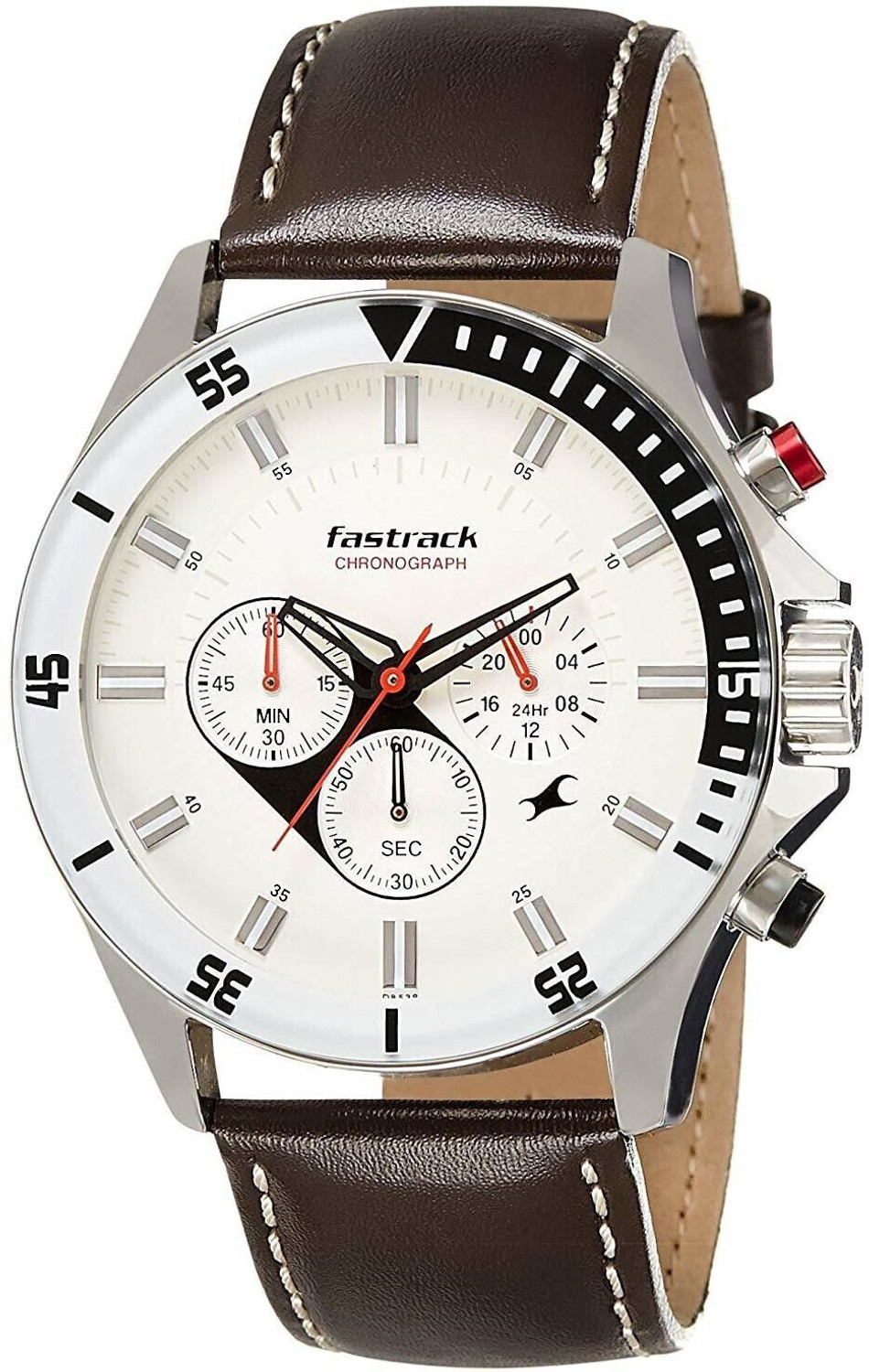 Image of Fastrack NP3072SL01 Fastrack Big Time Chronograph White Dial Brown LeatherStrap Analog Watch - For Men