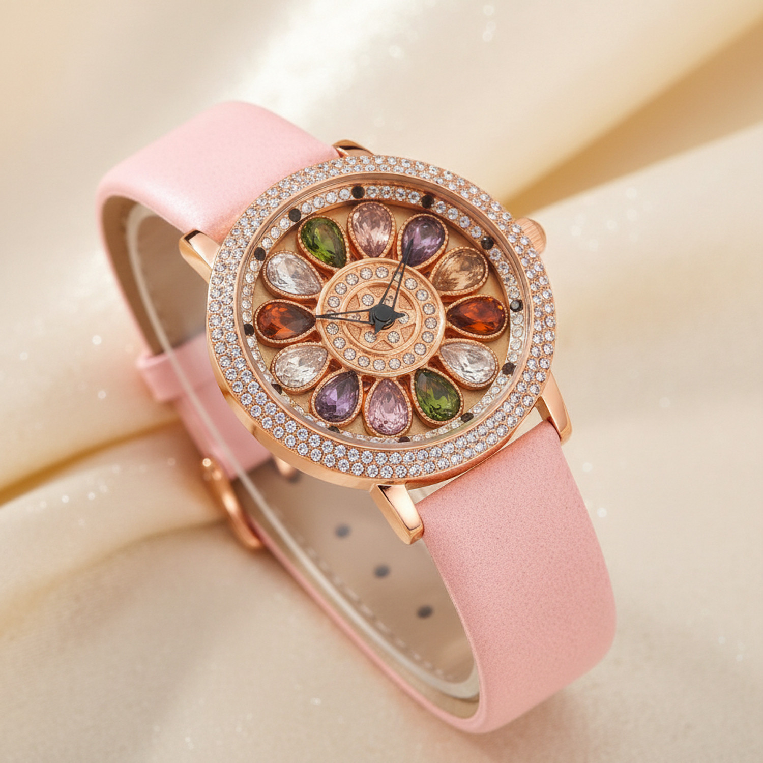 Image of IIK Collection Flora Watch for Women Multicolor Diamond Rotating Dial with GenuineLeather Strap Analog Watch - For Women IIK-3228W