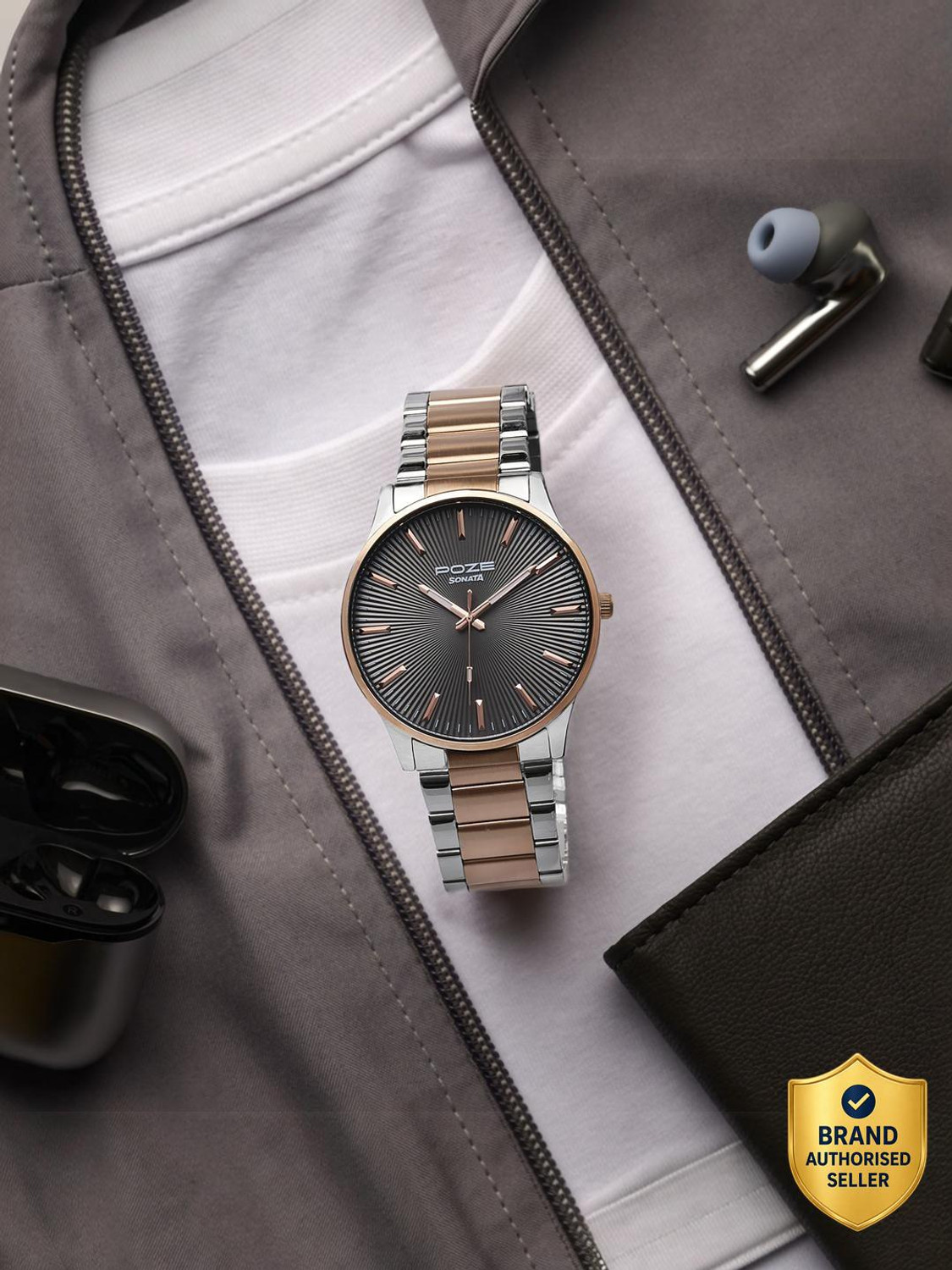 Image of SONATA Poze 8 Sonata Poze 8 Quartz Grey Dial IP Rose Gold Stainless Steel Strap Analog Watch - For Men