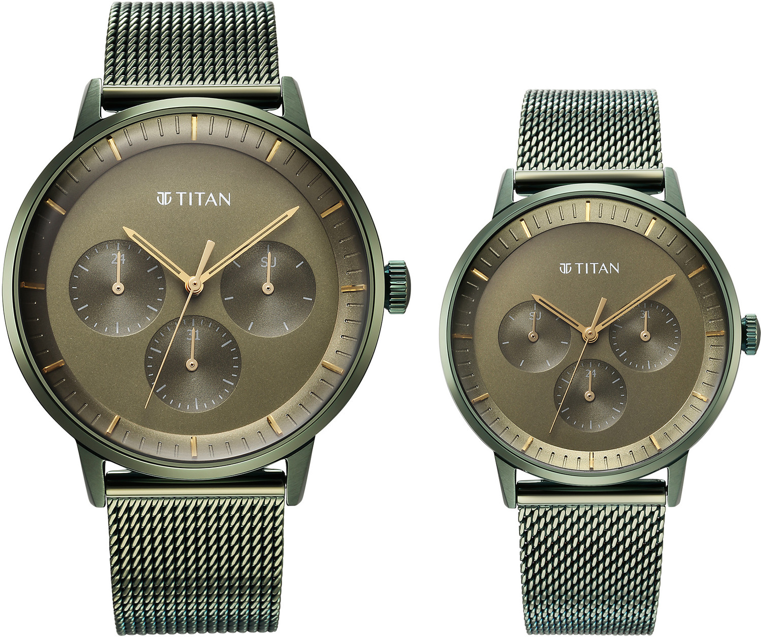 Image of Titan Bandhan Multifunction Green Dial Green SS Strap Couple Analog Watch - For Couple NT9400694206QM02,9400994209WM01,NU9400694206QM02